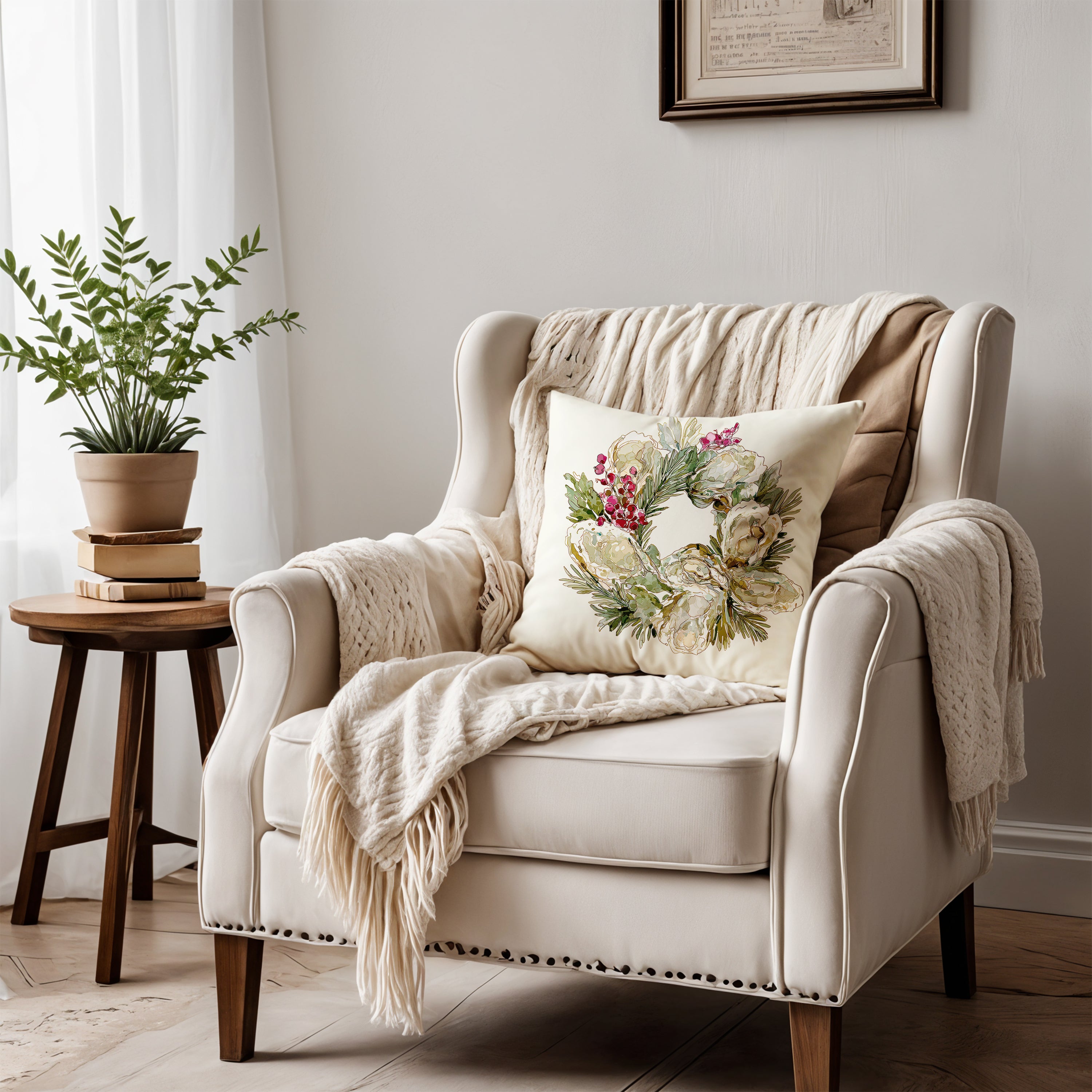 Christmas Oyster Print Wreath Pillow and/or Cover