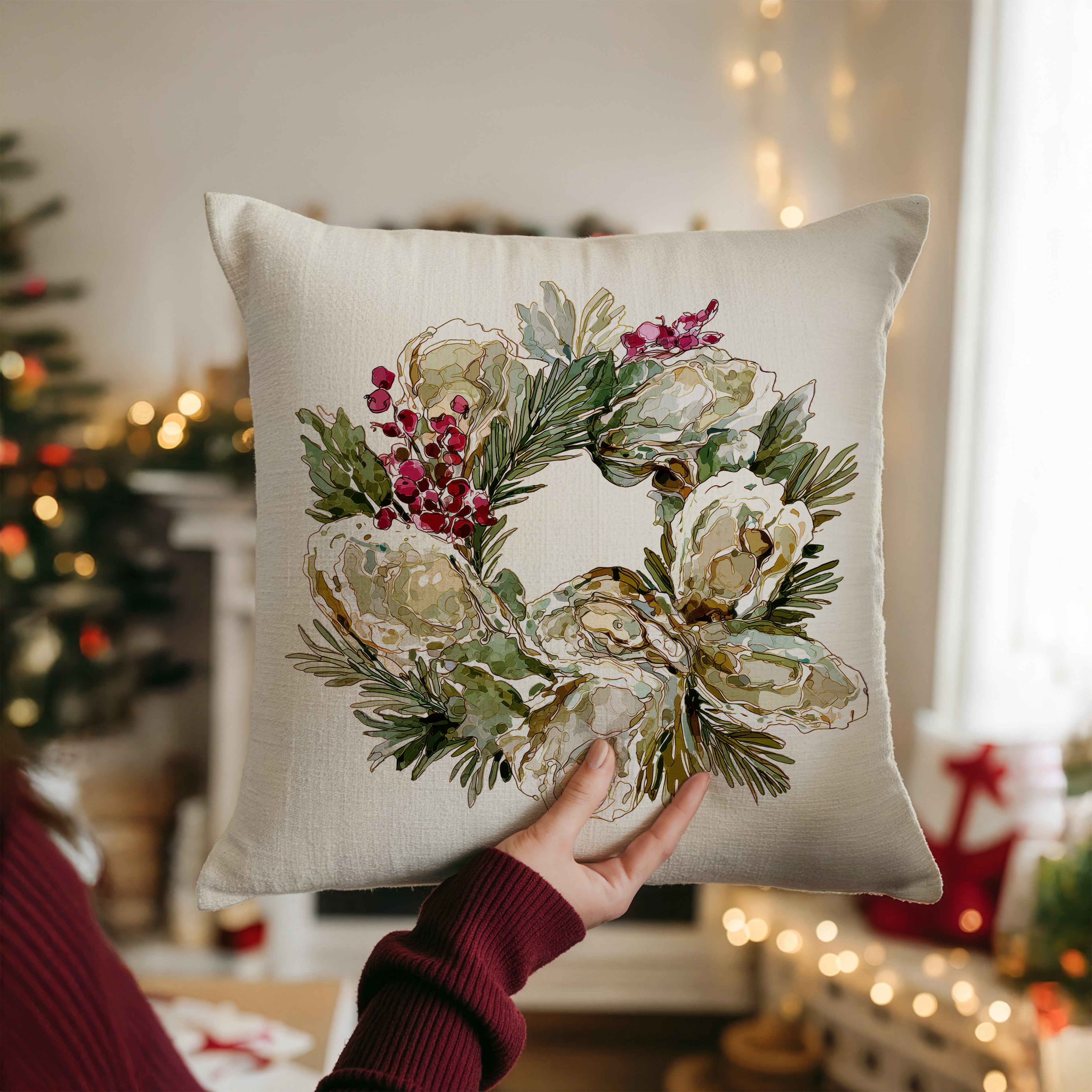 Christmas Oyster Print Wreath Pillow and/or Cover