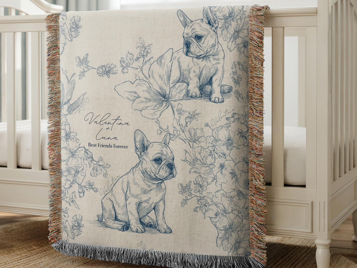 Custom Toile French Bulldog Woven or Minky Baby Blanket Personalized with Baby Name and Pet Name Dog Nursery Decor Baby Shower Gift Idea