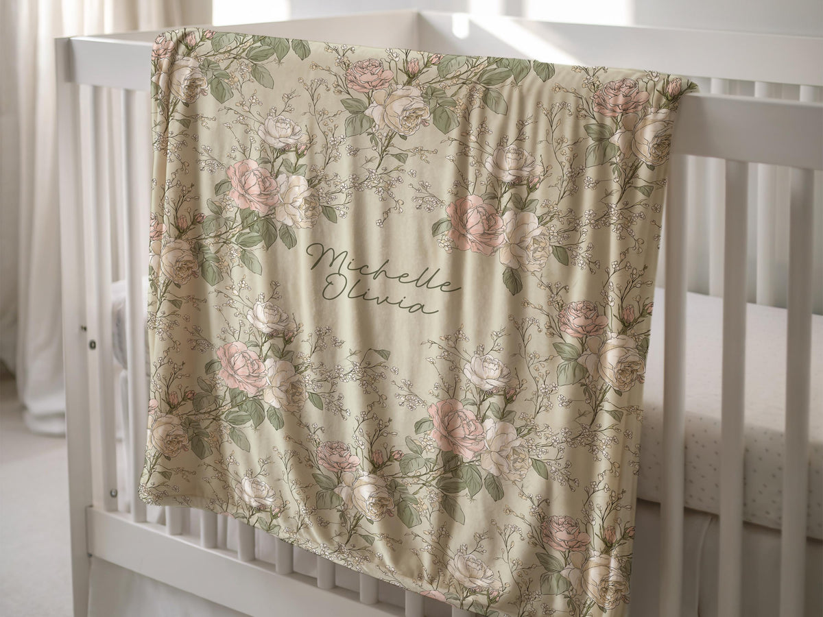 Personalized French Country Floral Throw With Name Gift Cottagecore Flower Blanket Baby Shower Gift for Pink Green Floral Garden Nursery