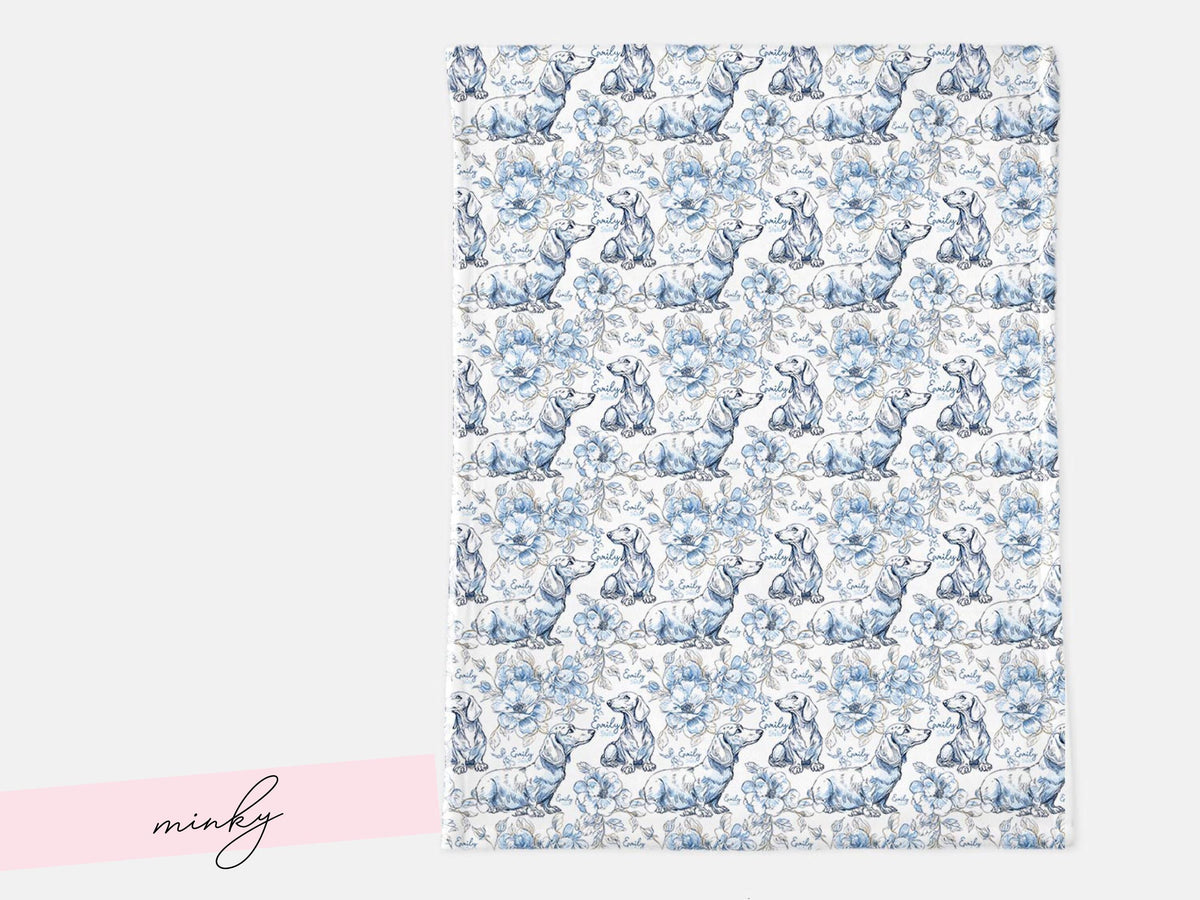 Floral Dachshund Blanket Minky Soft Throw Woven Personalized Name Baby Girl Gift Puppy Print Nursery Decor Custom Toddler Keepsake for Her - Charles Alex