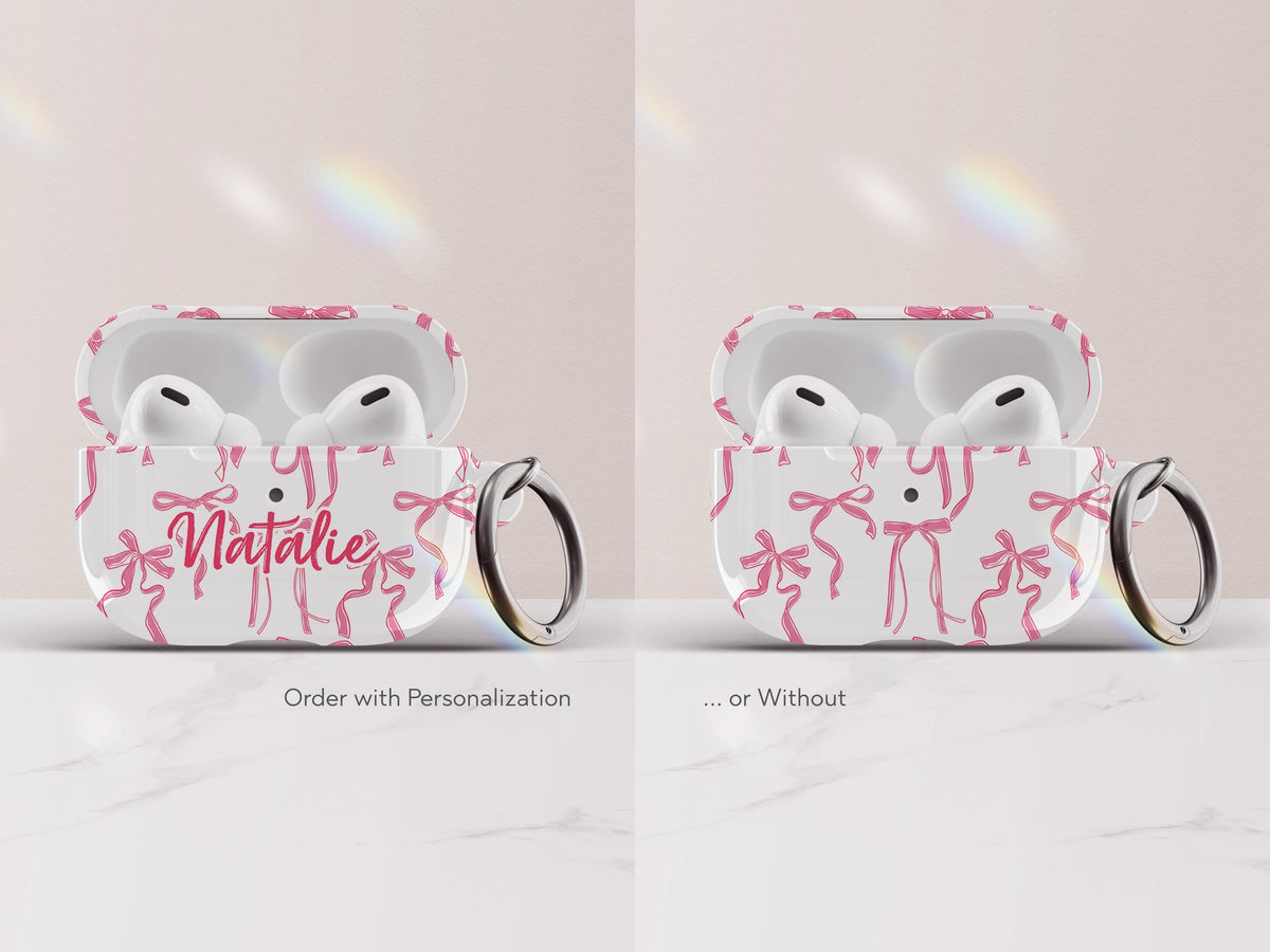 Coquette Bow AirPods Case Cover Pink Ribbon Print Cute Glossy Protective Earbud Feminine Tech Accessory Gift for Her Stylish Custom Present