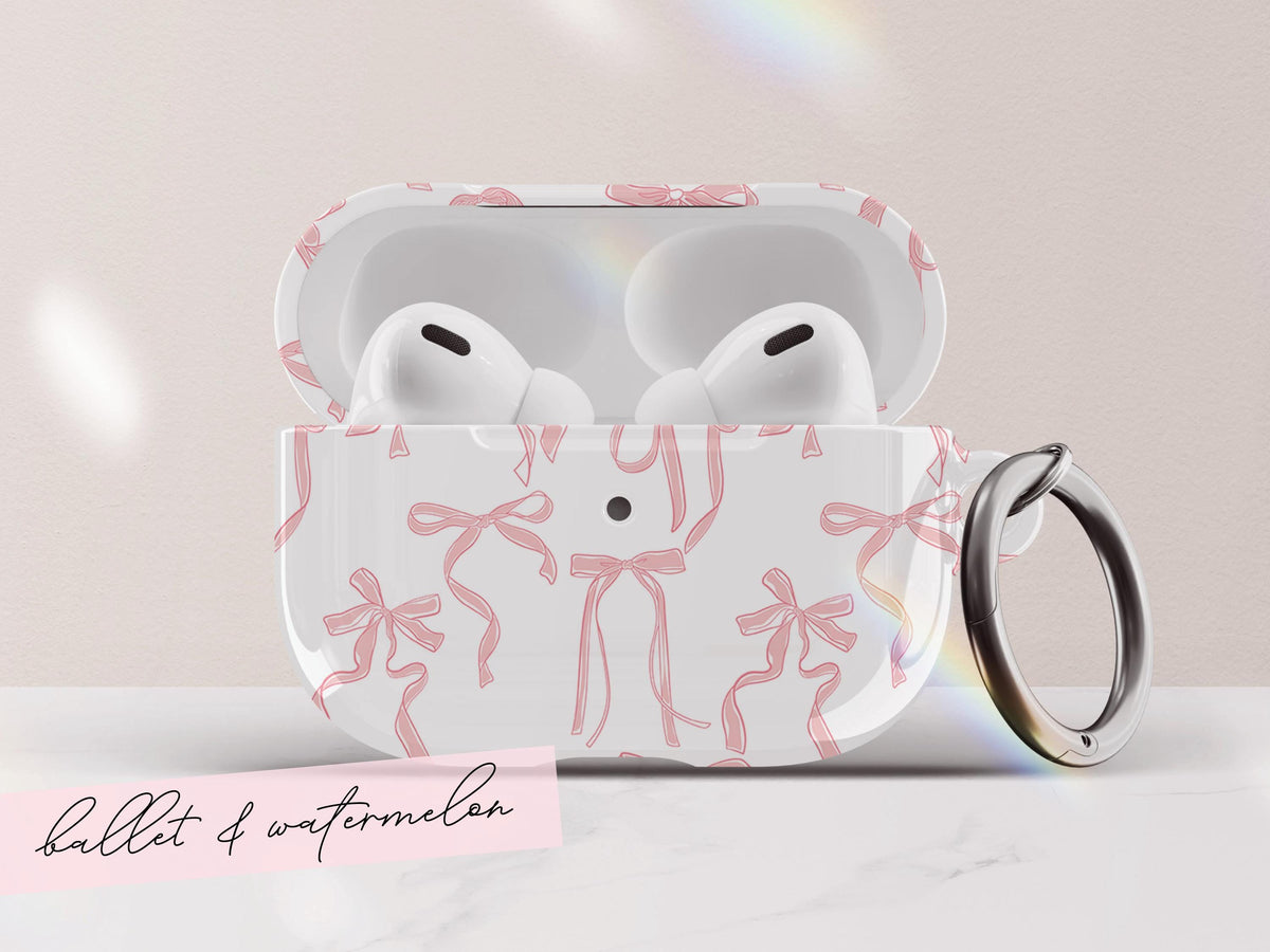 Coquette Bow AirPods Case Cover Pink Ribbon Print Cute Glossy Protective Earbud Feminine Tech Accessory Gift for Her Stylish Custom Present