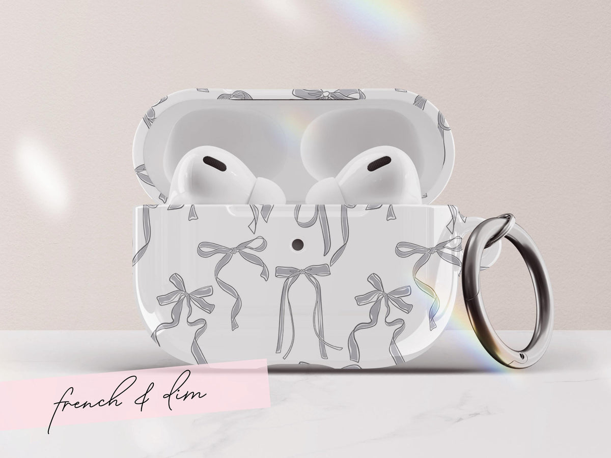 Coquette Bow AirPods Case Cover Pink Ribbon Print Cute Glossy Protective Earbud Feminine Tech Accessory Gift for Her Stylish Custom Present