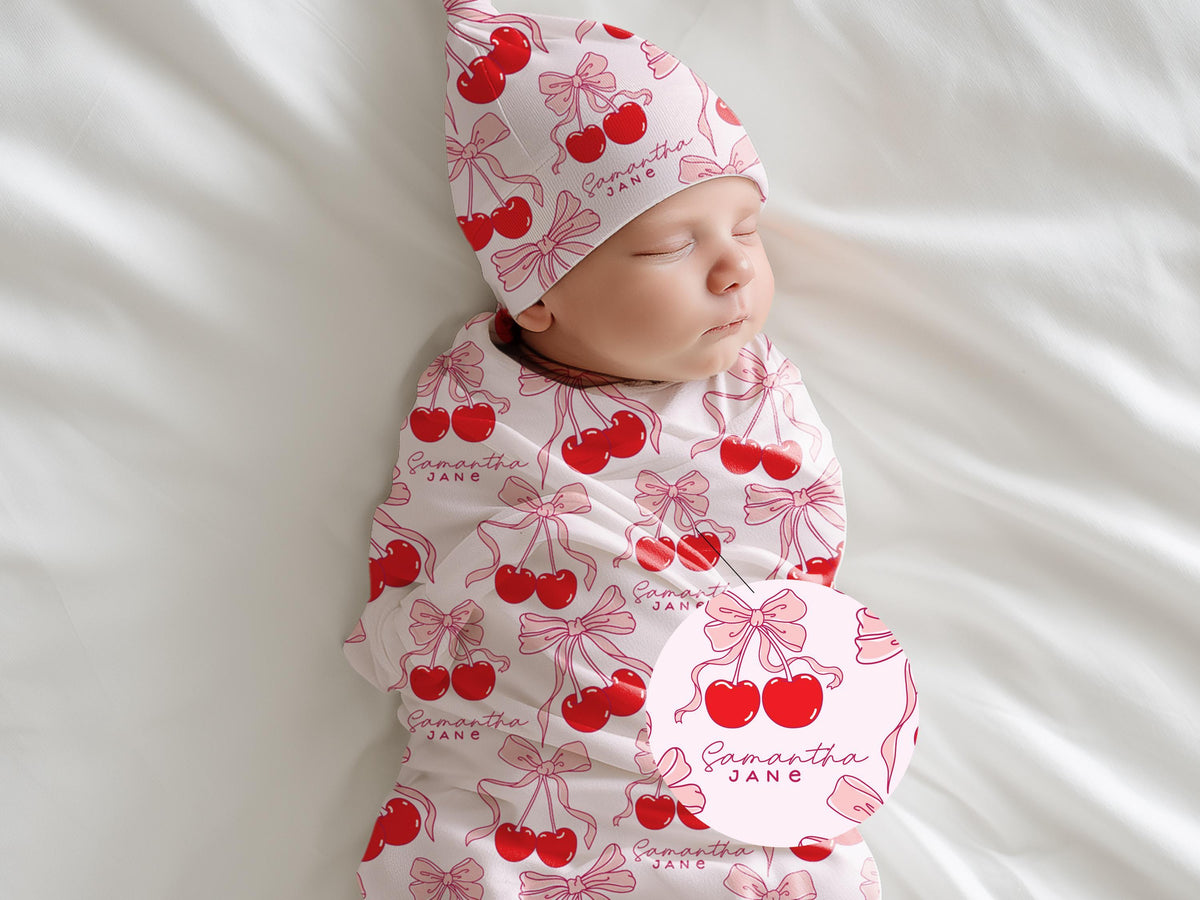 Personalized Coquette Cherry Swaddle Blanket Coquette Cherry Baby Blanket with Name Bow Gift for Baby Shower Gift Coquette Hat Coming Home