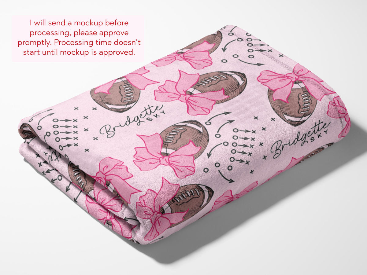 Personalized Pink Football Blanket Coquette Bow Swaddle Gift for Baby Shower Football Lover Baby Gift Custom Coming Home Outfit Hospital - Charles Alex
