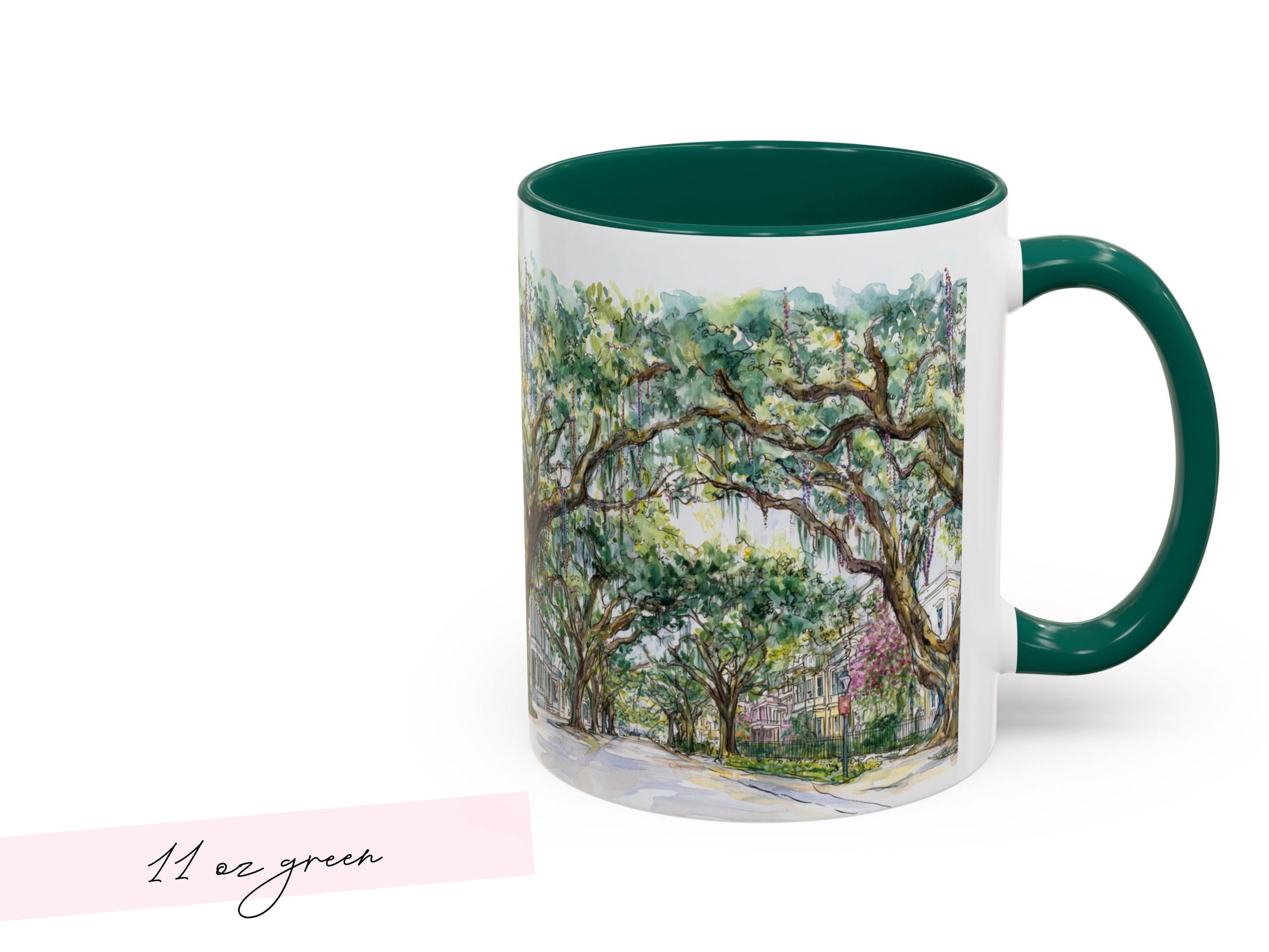 Mardi Gras Bead Tree Mug Watercolor New Orleans Oak Trees and Custom Phrase Gift Southern Coffee Cup NOLA Landscape Art Hostess Present - Charles Alex