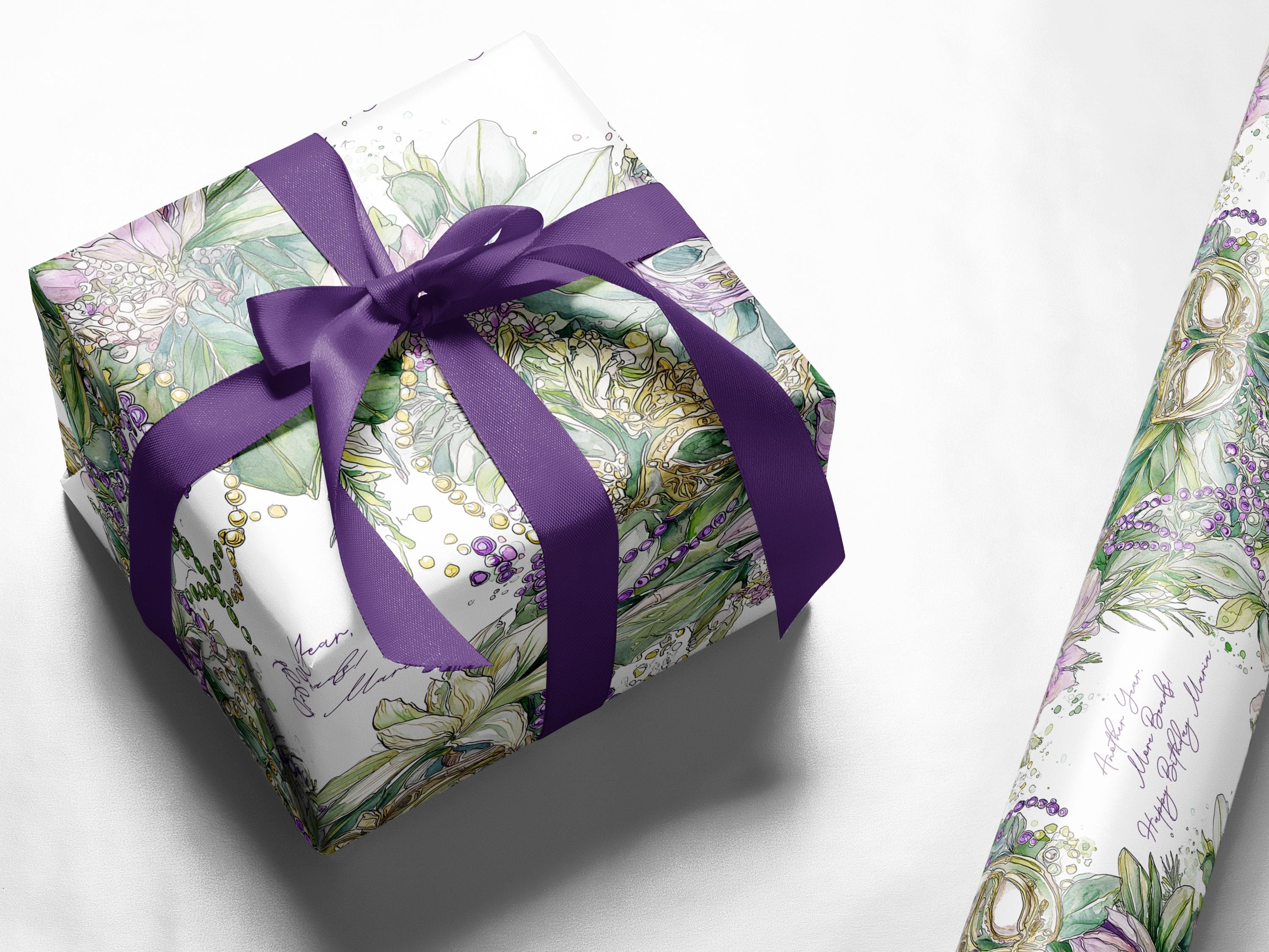 Mardi Gras Wrapping Paper Custom Carnival Wrap Gift Celebration Mask Design Purple Green Debutante Present Matte Finish Party Supply Festive