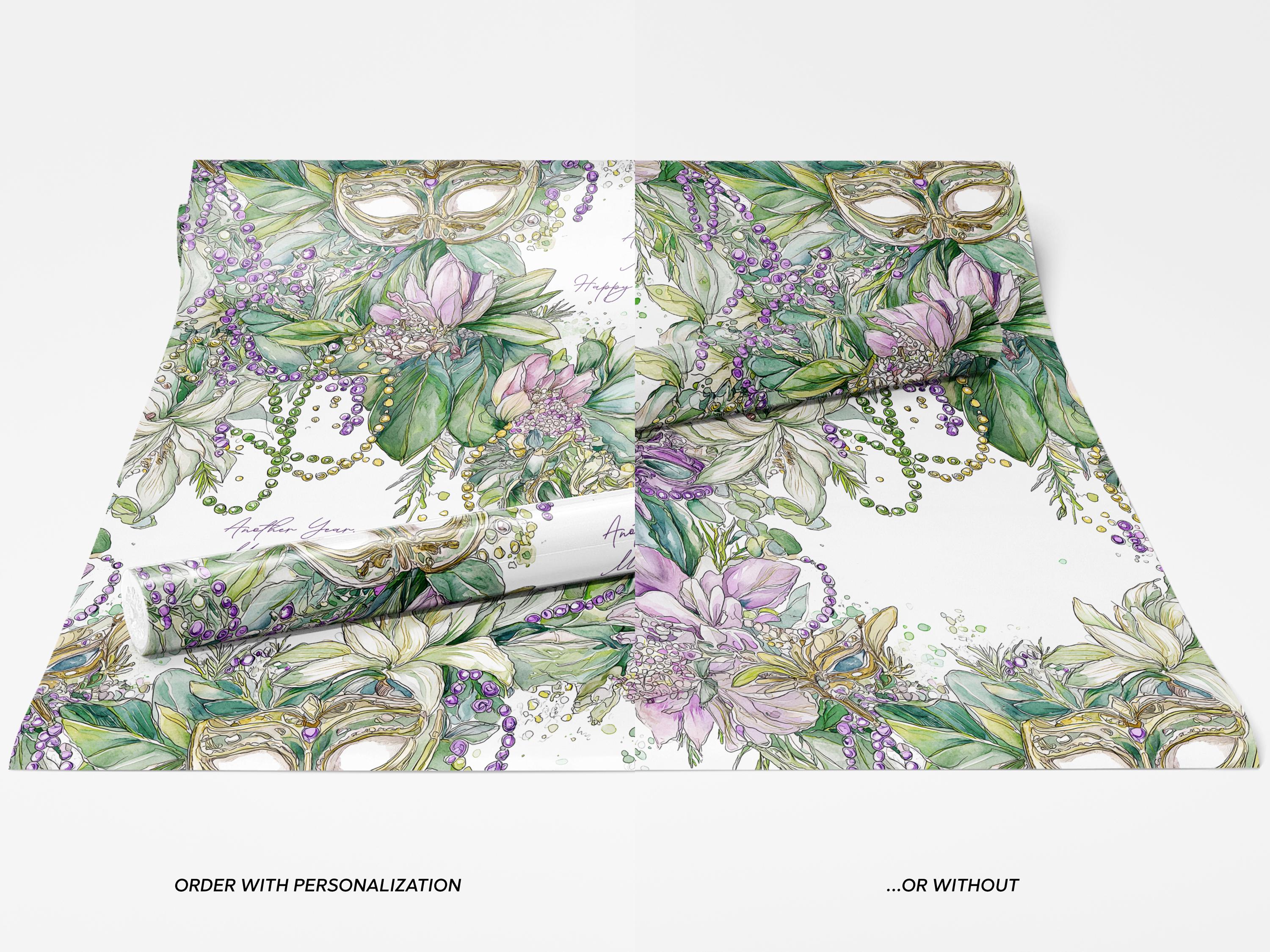 Mardi Gras Wrapping Paper Custom Carnival Wrap Gift Celebration Mask Design Purple Green Debutante Present Matte Finish Party Supply Festive