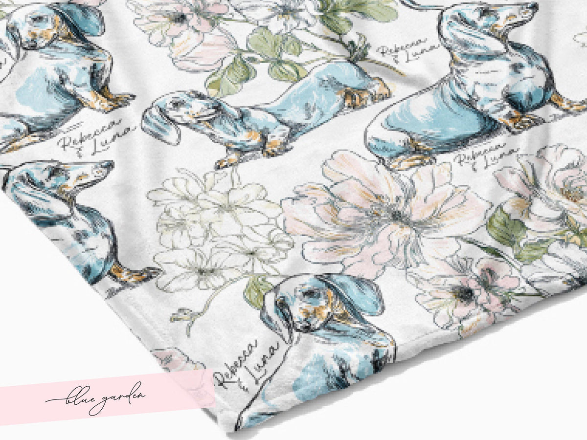 Floral Dachshund Blanket Minky Soft Throw Woven Personalized Name Baby Girl Gift Puppy Print Nursery Decor Custom Toddler Keepsake for Her - Charles Alex