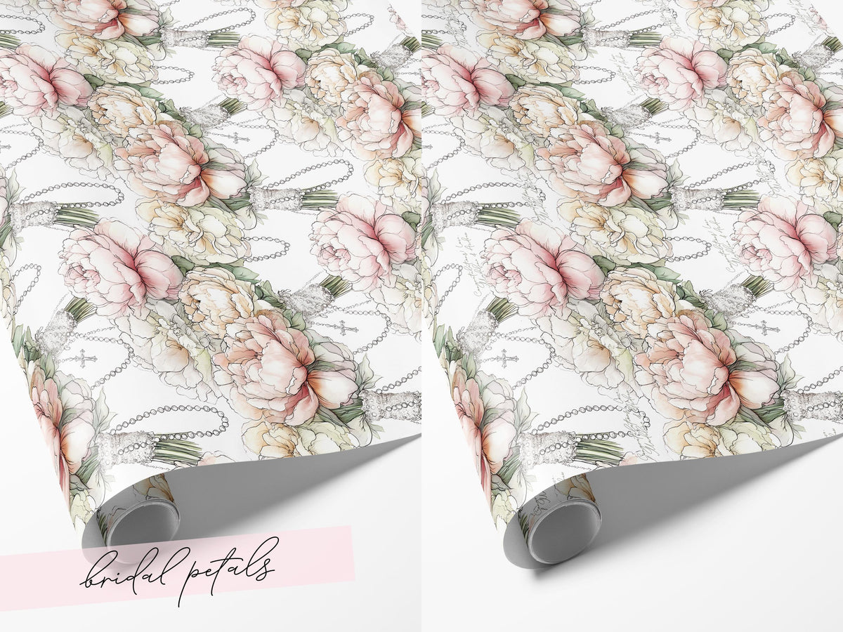 Catholic Wedding Wrapping Paper with Peony Bouquets Rosary Religious Bridal Shower Gift Wrap Elegant Christian Ceremony Luxury Packaging