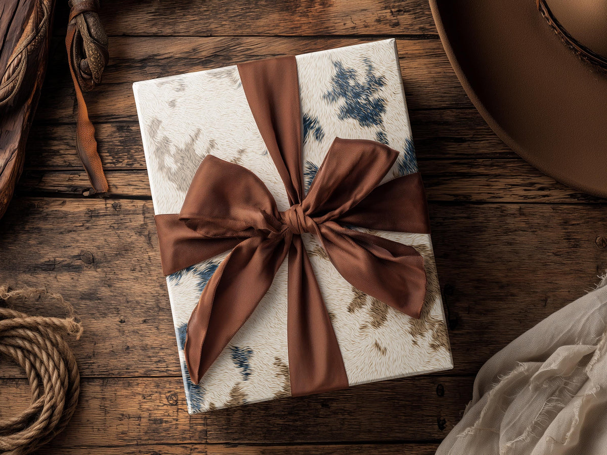 Western Cowhide Wrapping Paper Roll Rustic Ranch Gift Wrap Cowboy Birthday Farmhouse Housewarming Present Baby Shower Cow Print Packaging