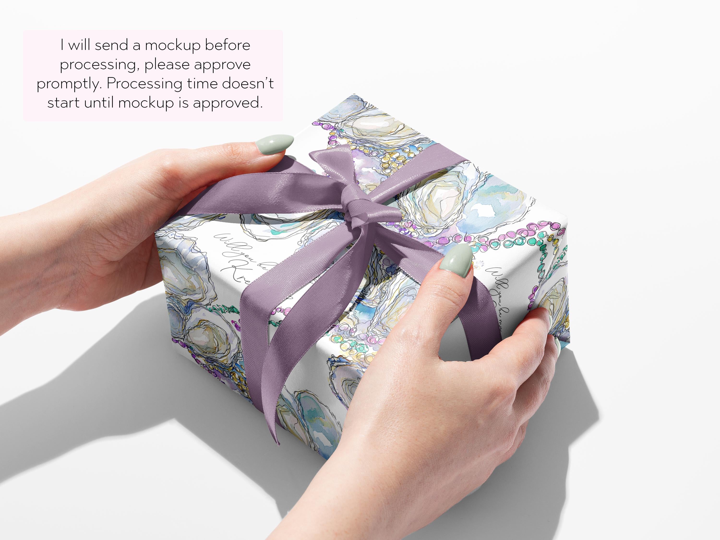 Mardi Gras Oyster Wrapping Paper Personalized New Orleans Beads Gift Wrap Coastal Fat Tuesday Party Supplies Classy Coastal Hostess Present