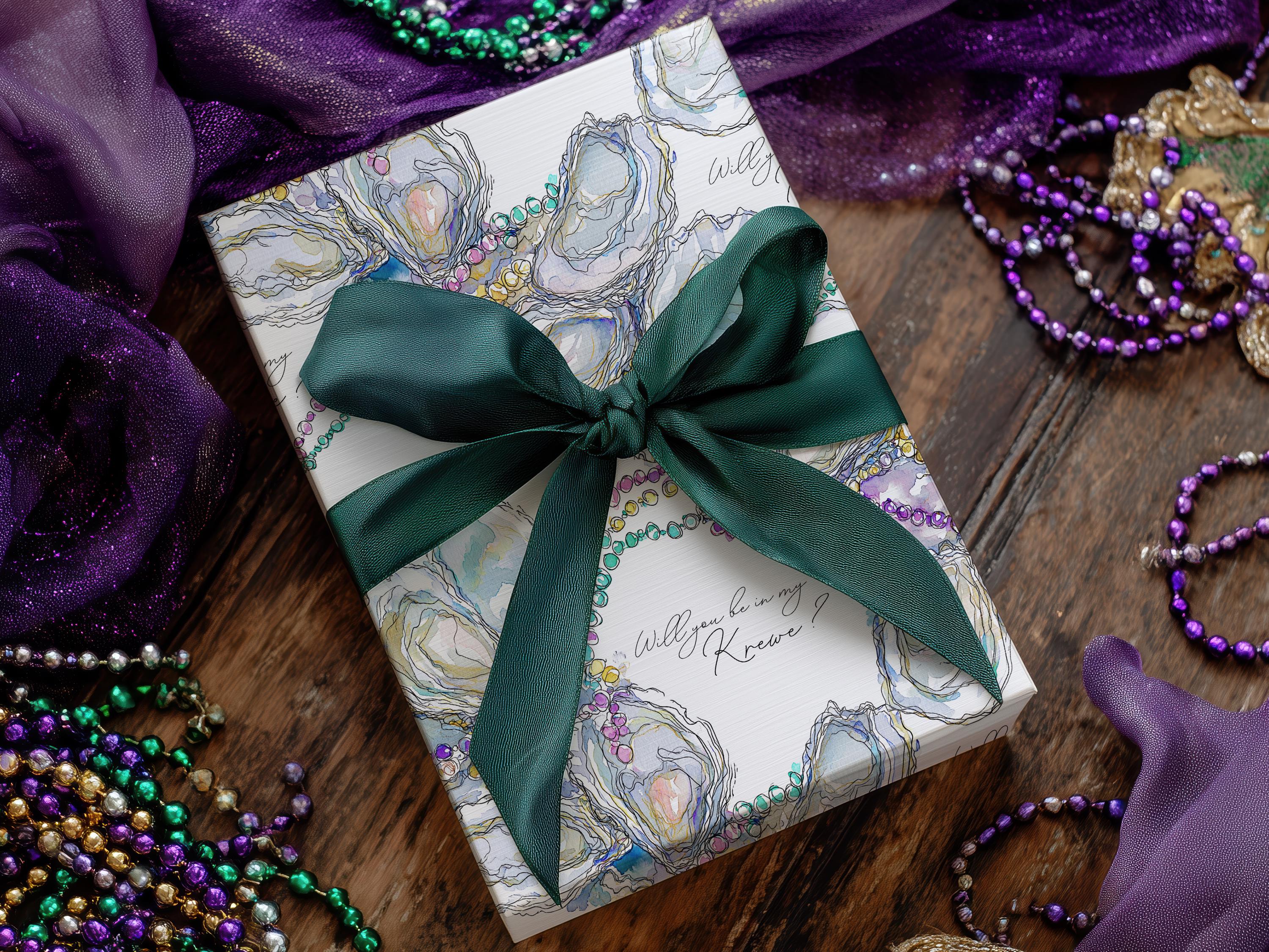 Mardi Gras Oyster Wrapping Paper Personalized New Orleans Beads Gift Wrap Coastal Fat Tuesday Party Supplies Classy Coastal Hostess Present