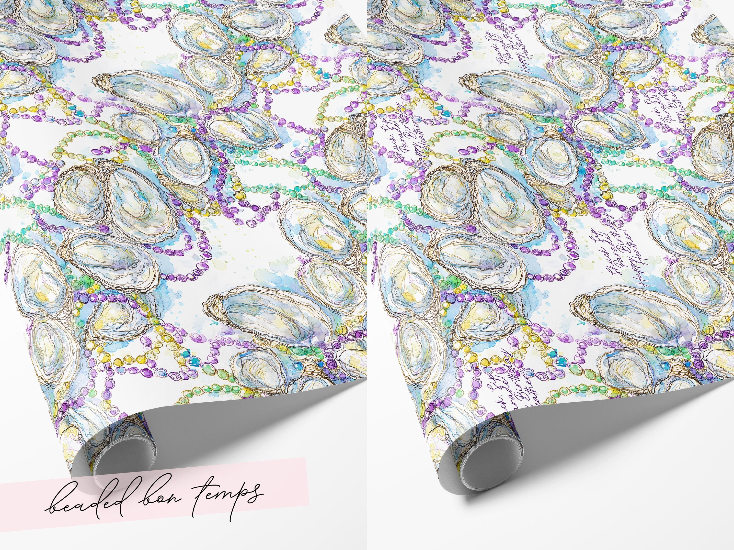 Mardi Gras Oyster Wrapping Paper Personalized New Orleans Beads Gift Wrap Coastal Fat Tuesday Party Supplies Classy Coastal Hostess Present