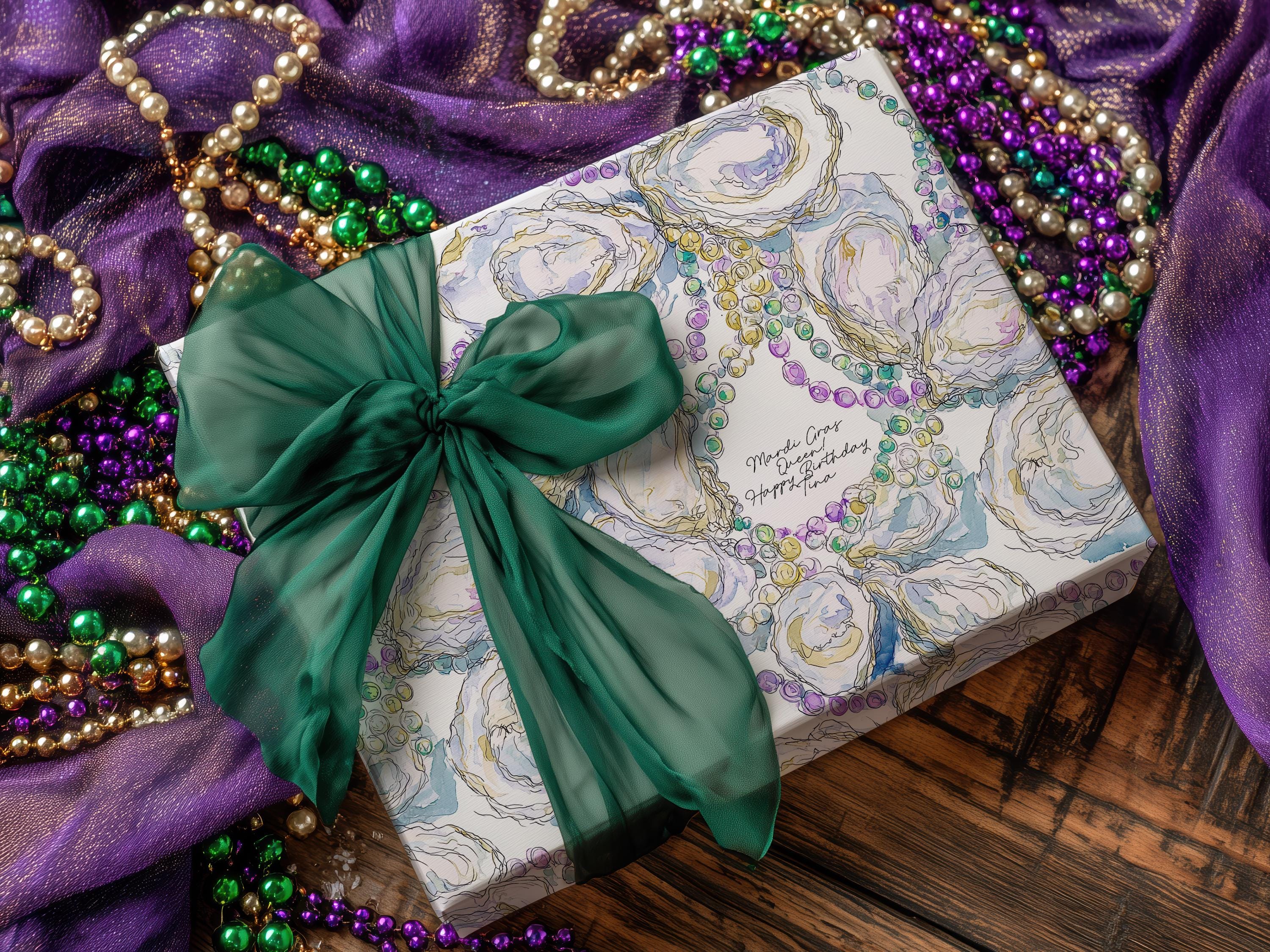 Mardi Gras Oyster Wrapping Paper Personalized New Orleans Beads Gift Wrap Coastal Fat Tuesday Party Supplies Classy Coastal Hostess Present