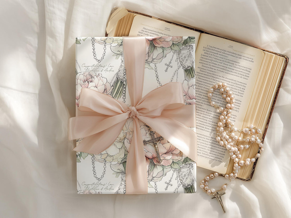 Catholic Wedding Wrapping Paper with Peony Bouquets Rosary Religious Bridal Shower Gift Wrap Elegant Christian Ceremony Luxury Packaging