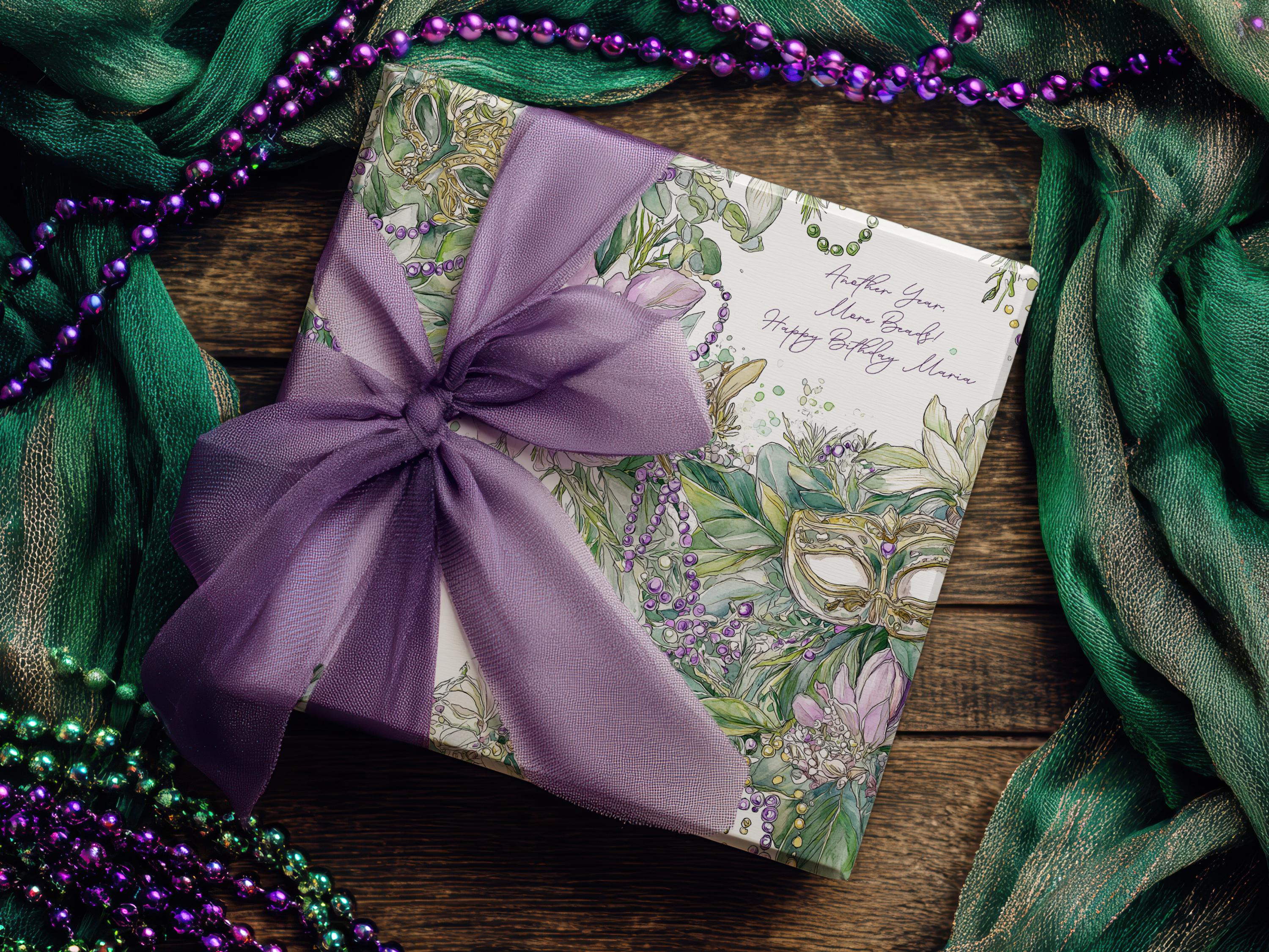 Mardi Gras Wrapping Paper Custom Carnival Wrap Gift Celebration Mask Design Purple Green Debutante Present Matte Finish Party Supply Festive