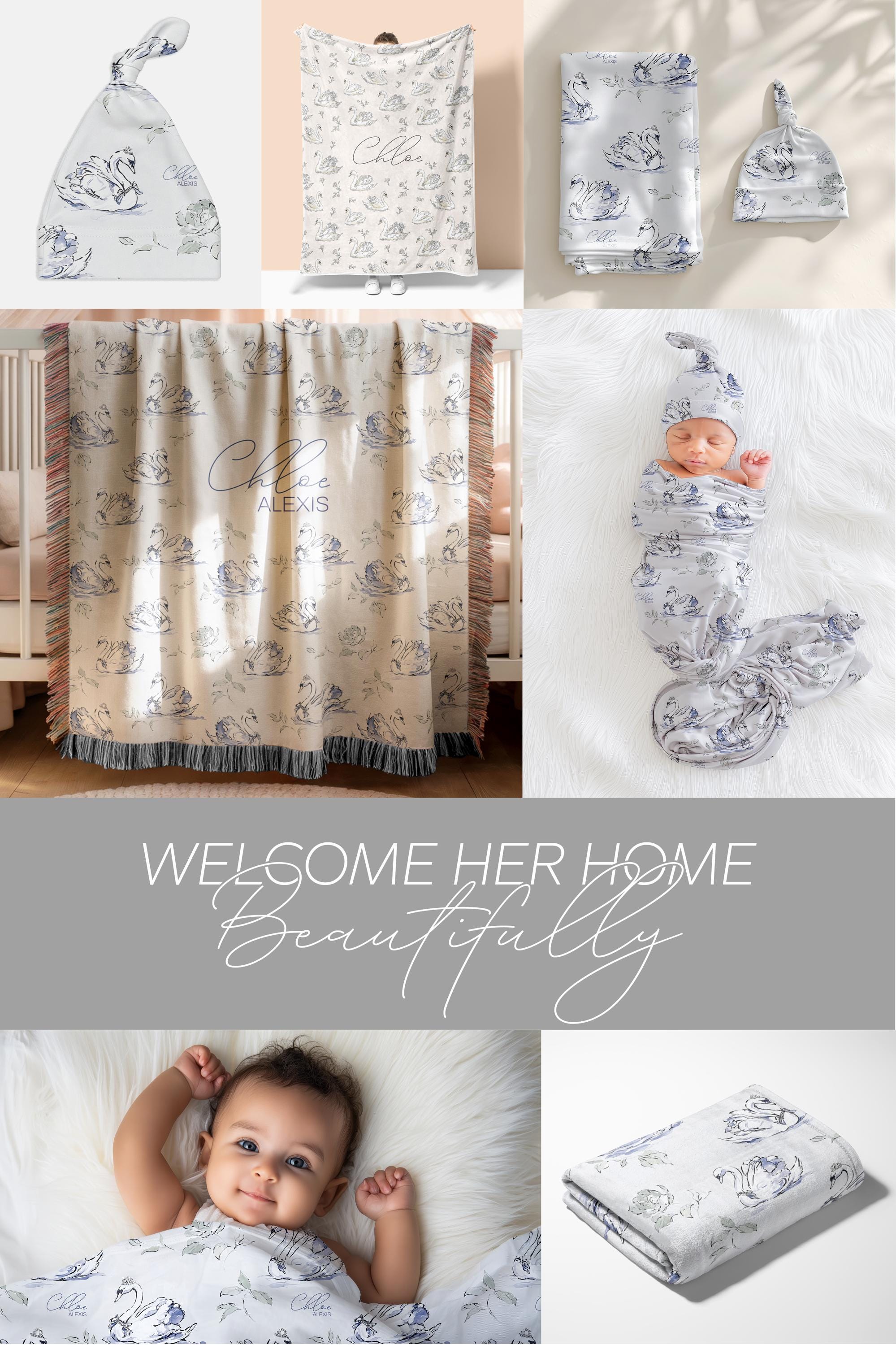 Swan Baby Blanket Personalized Elegant Girl Swaddle Newborn Name Keepsake Nursery Accent Timeless Hospital Welcome Gift