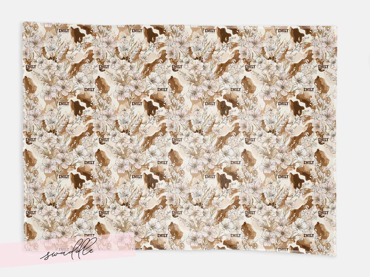 Cowhide Floral Swaddle Blanket and Hat Personalized Name Baby Girl Gift Western Nursery Decor Rustic Print Soft Newborn Wrap Keepsake Set