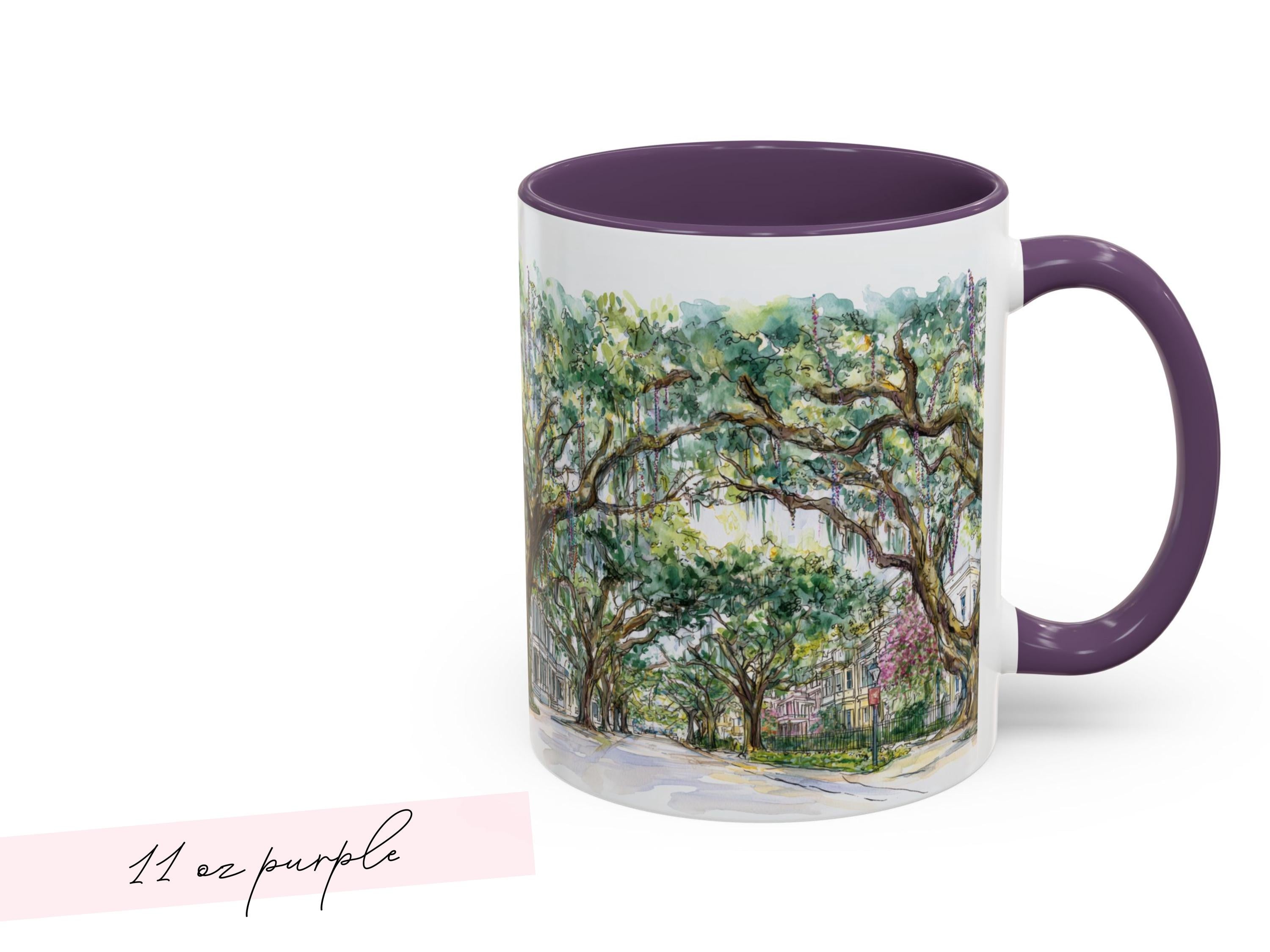 Mardi Gras Bead Tree Mug Watercolor New Orleans Oak Trees and Custom Phrase Gift Southern Coffee Cup NOLA Landscape Art Hostess Present - Charles Alex