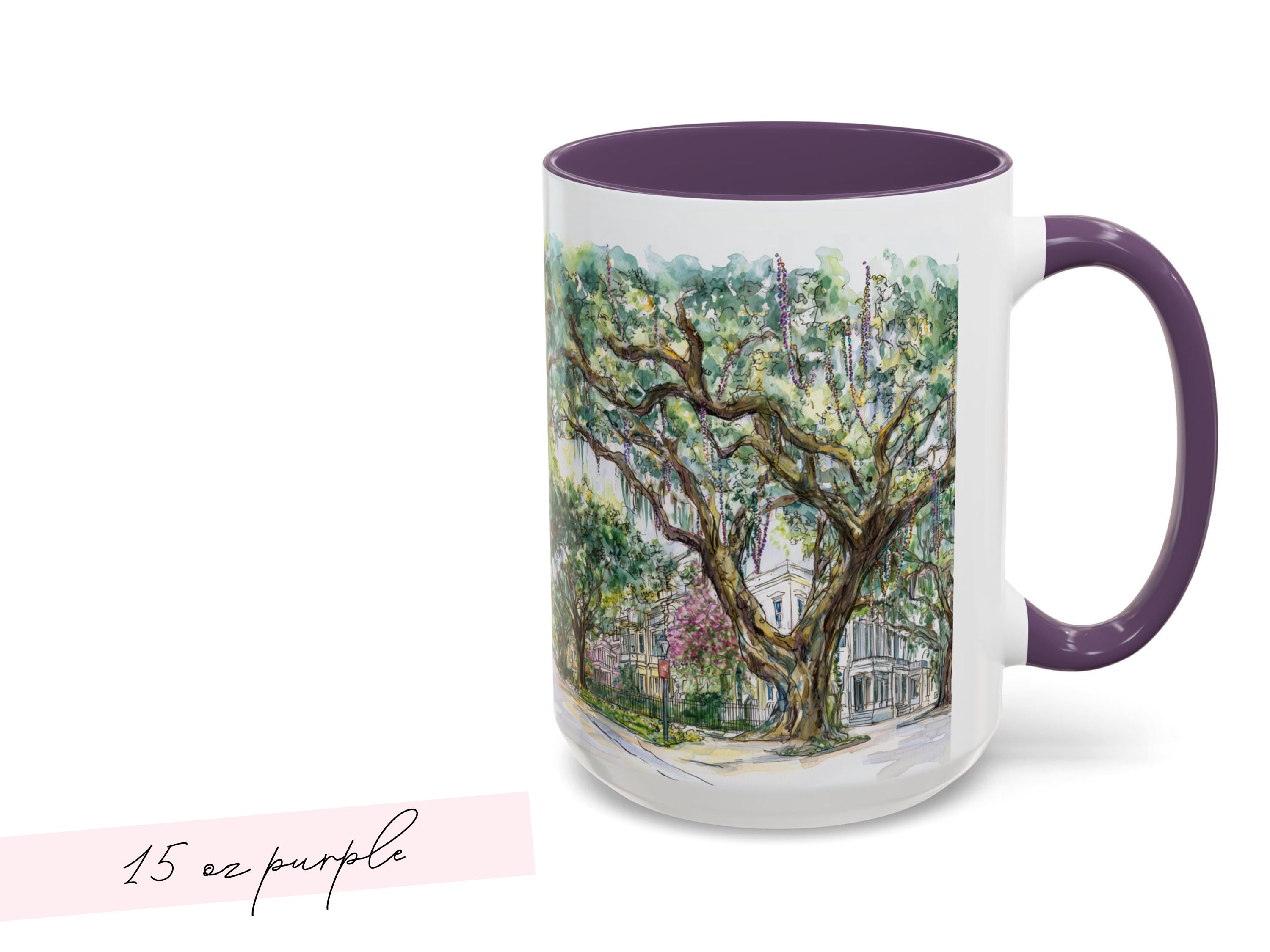Mardi Gras Bead Tree Mug Watercolor New Orleans Oak Trees and Custom Phrase Gift Southern Coffee Cup NOLA Landscape Art Hostess Present - Charles Alex