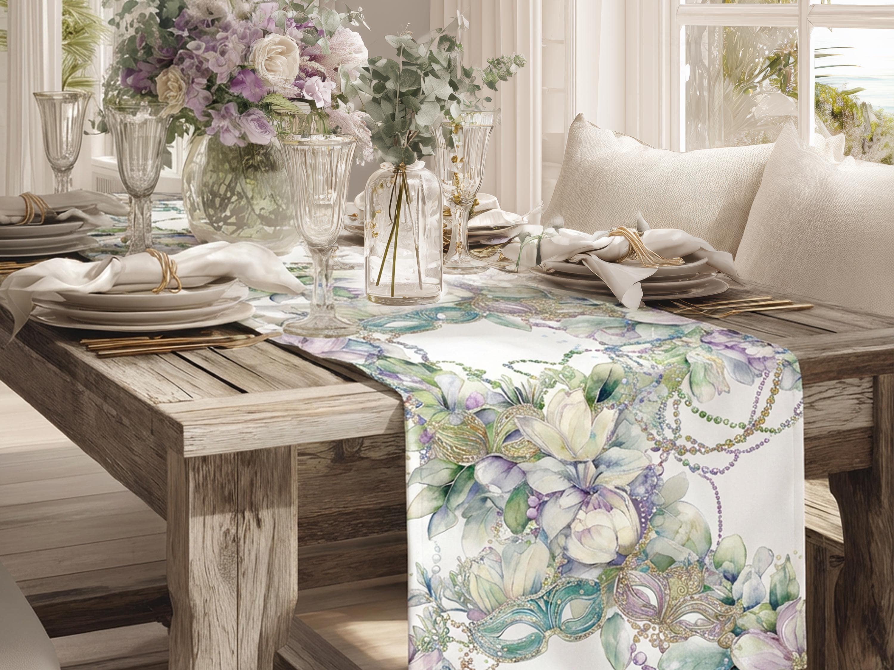 Mardi Gras Table Runner Elegant Masquerade Floral Decor New Orleans Carnival Dining Table Centerpiece Hostess Gift Sophisticated Mask Beads - Charles Alex
