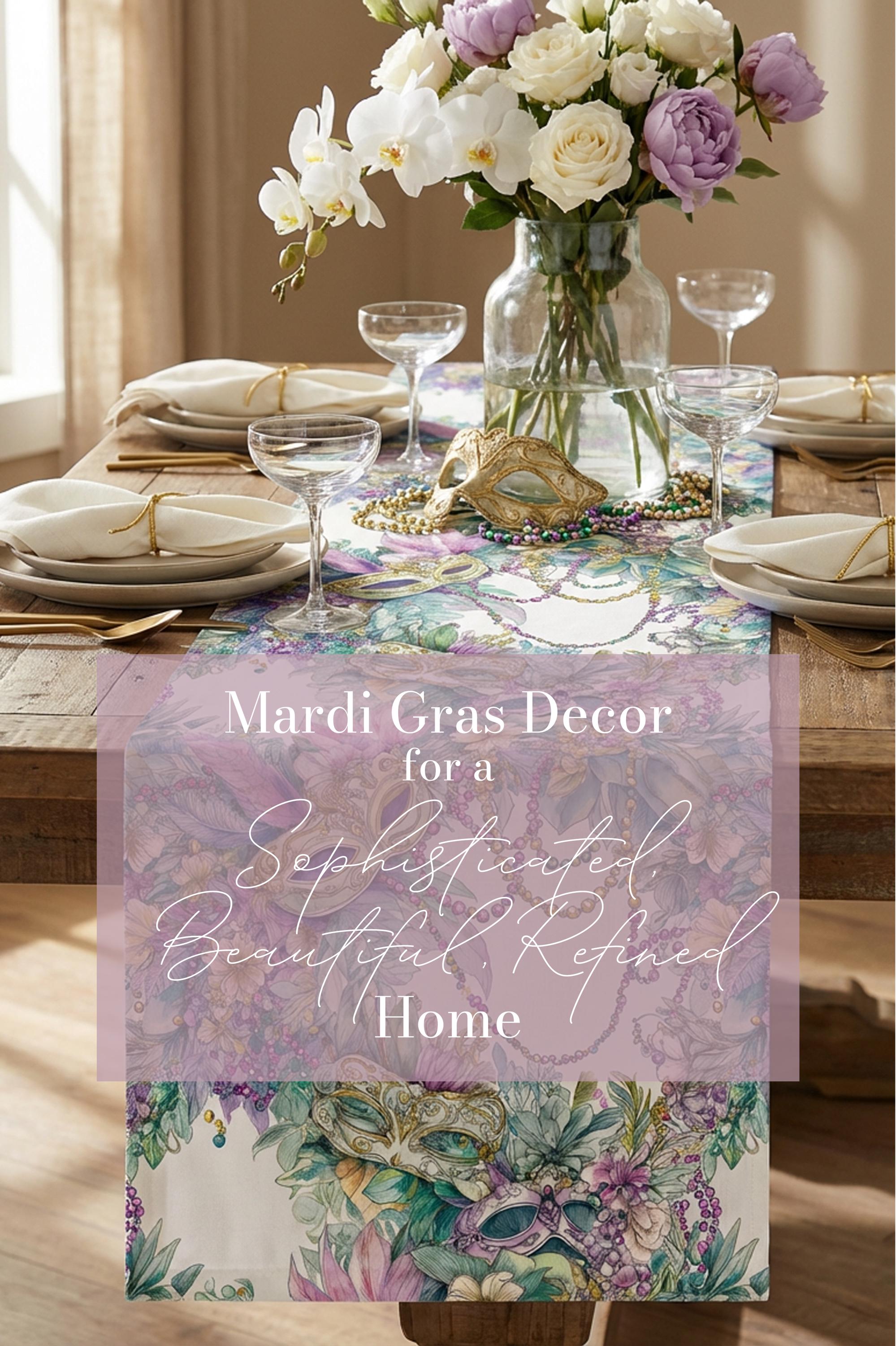 Mardi Gras Table Runner Elegant Masquerade Floral Decor New Orleans Carnival Dining Table Centerpiece Hostess Gift Sophisticated Mask Beads - Charles Alex