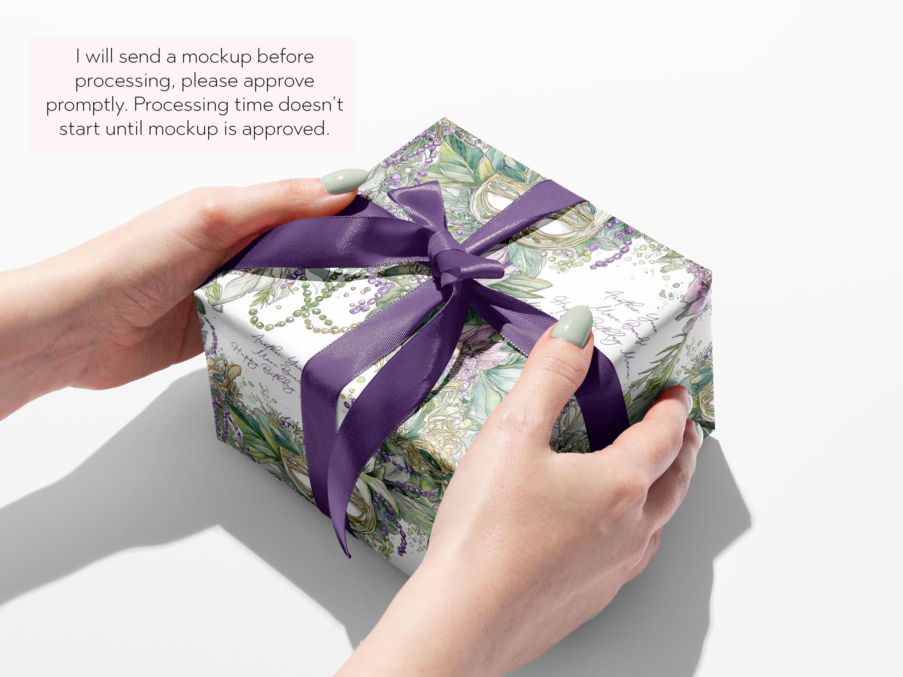 Mardi Gras Wrapping Paper Custom Carnival Wrap Gift Celebration Mask Design Purple Green Debutante Present Matte Finish Party Supply Festive