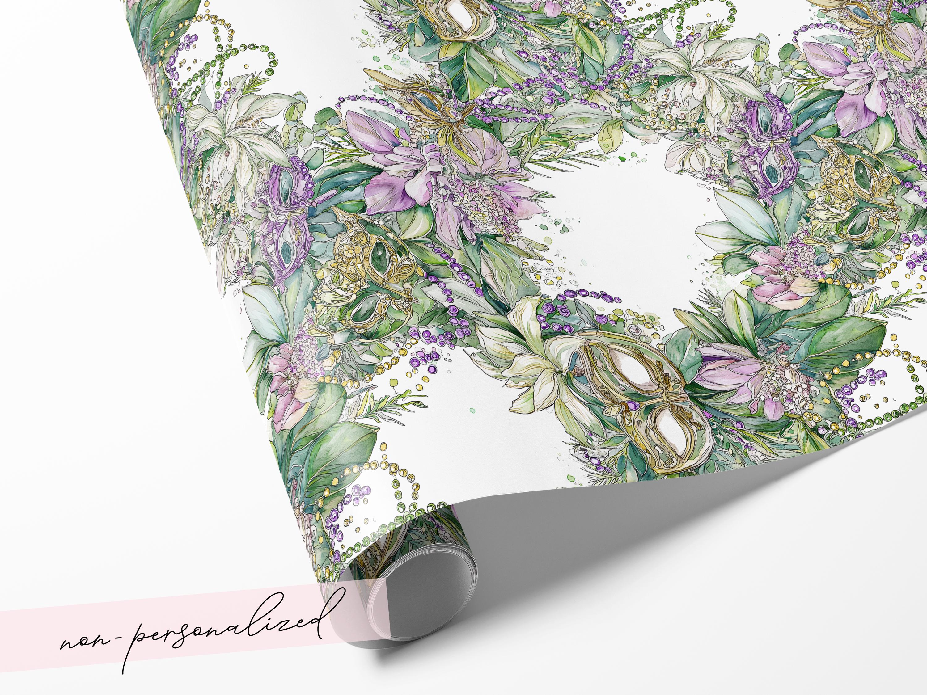 Mardi Gras Wrapping Paper Custom Carnival Wrap Gift Celebration Mask Design Purple Green Debutante Present Matte Finish Party Supply Festive
