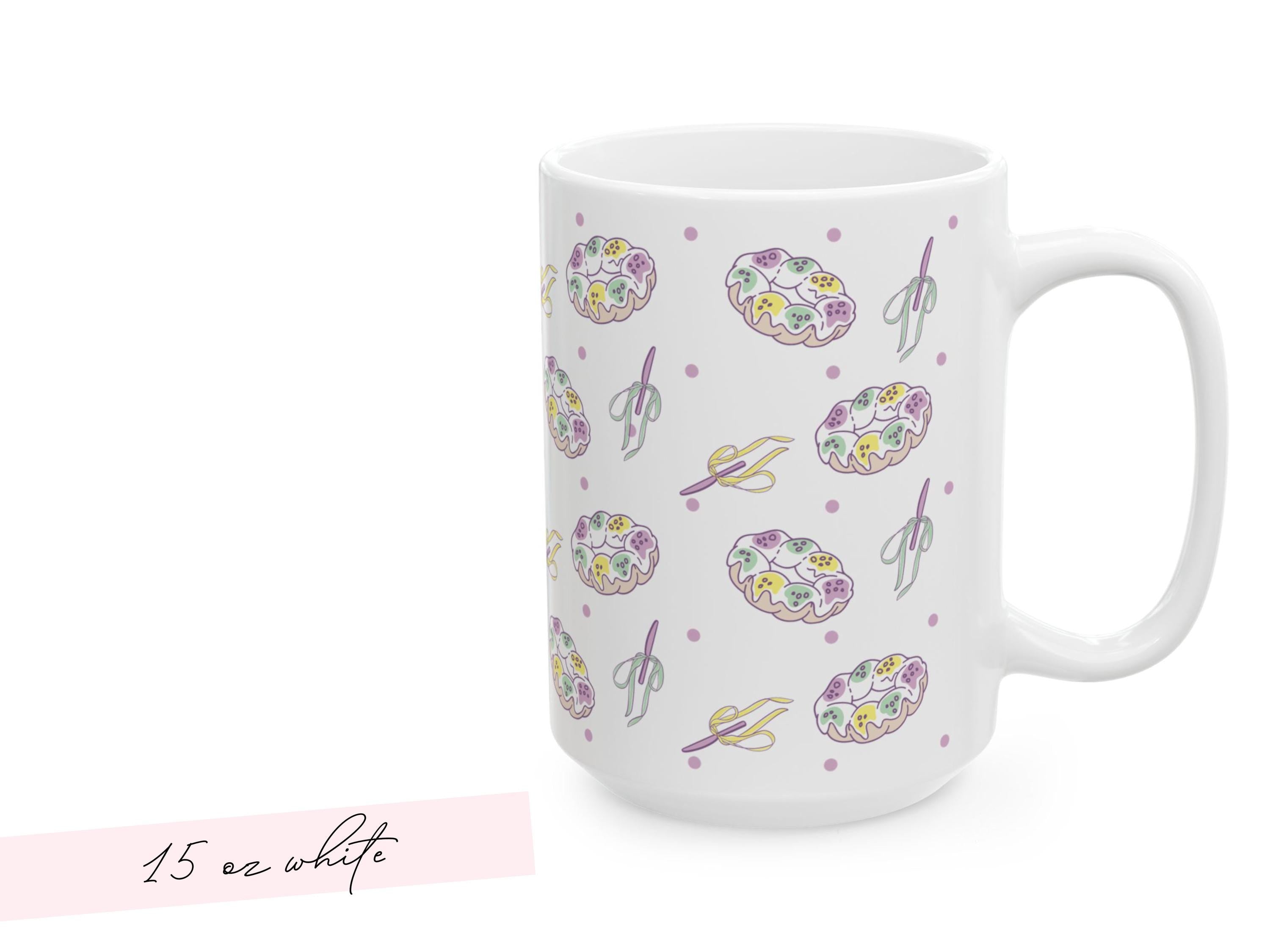 Personalized Mardi Gras King Cake Bow Knife Ceramic Coffee Mug 15 oz Purple Green Gold NOLA Festive Holiday Gift White Custom Name Present - Charles Alex