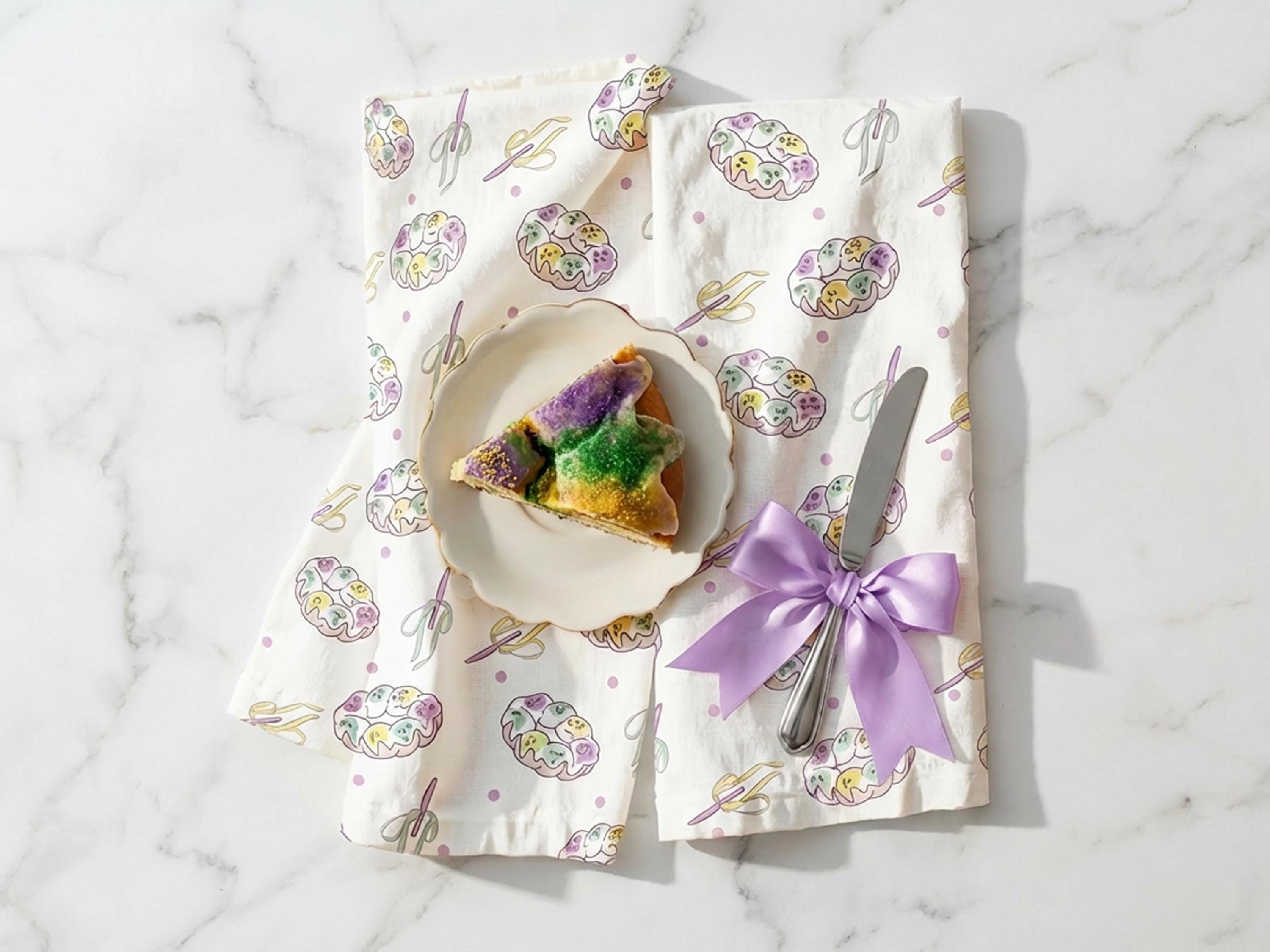 Coquette Mardi Gras King Cake Tea Towel Carnival Kitchen Dish Cloth New Orleans Style Knife Bow Festive Purple Green Gold Baking Decor NOLA - Charles Alex