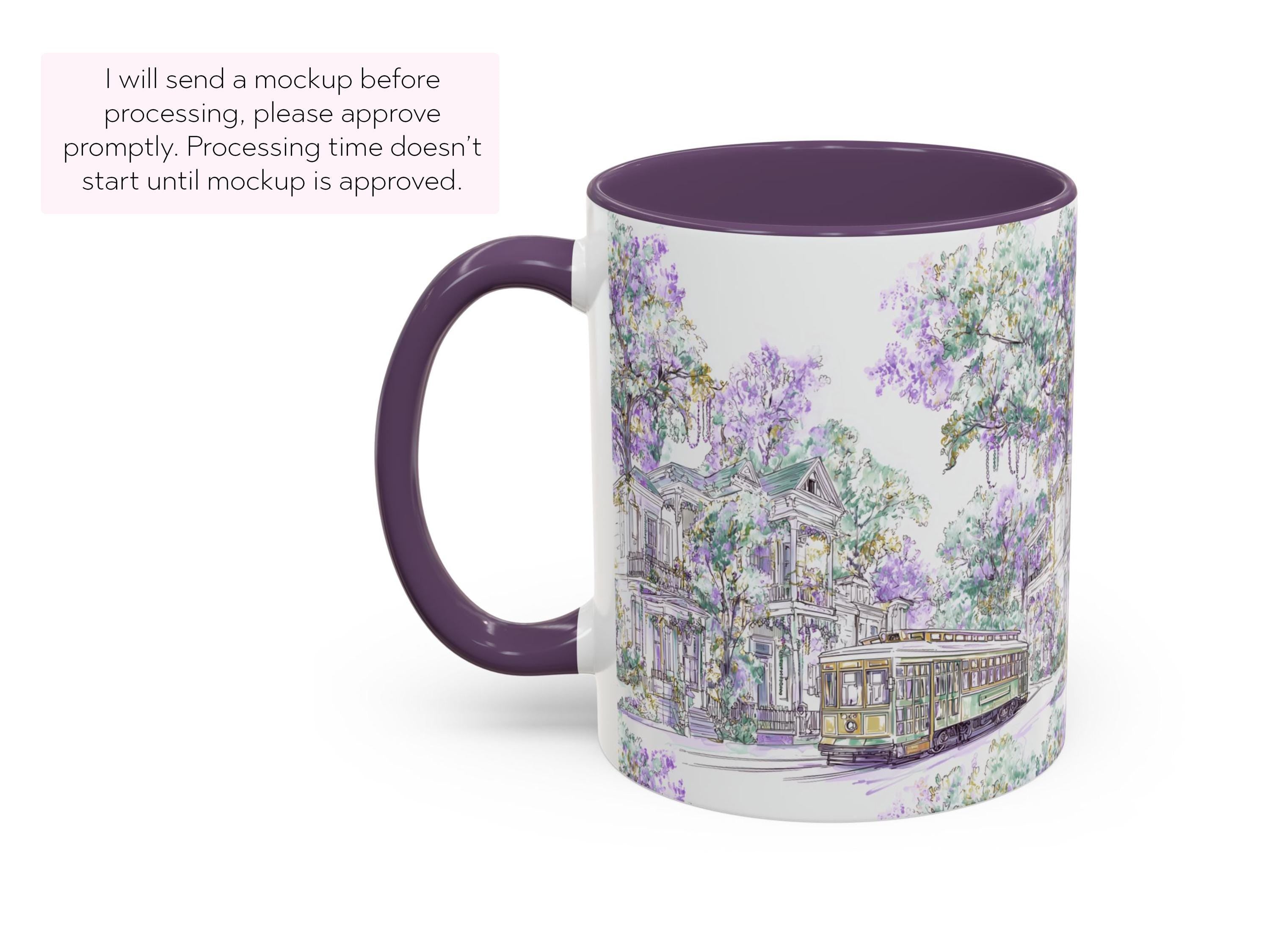 Mardi Gras Coffee Cup New Orleans Streetcar Mug St Charles Avenue Houses Ceramic Gift NOLA Sketch Art Present 11oz 15oz Dishwasher Safe - Charles Alex