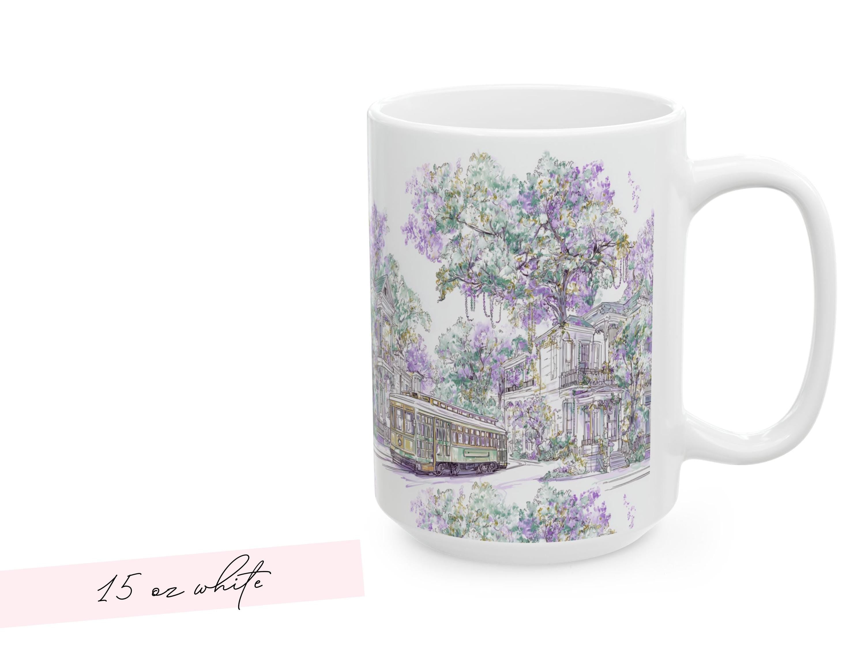Mardi Gras Coffee Cup New Orleans Streetcar Mug St Charles Avenue Houses Ceramic Gift NOLA Sketch Art Present 11oz 15oz Dishwasher Safe - Charles Alex