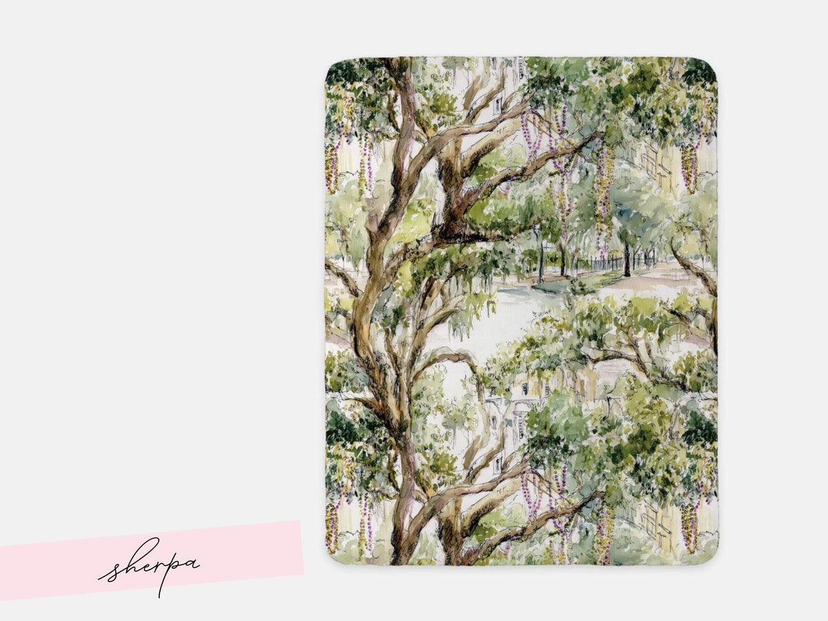 Bead Tree Mardi Gras Warm Parade Route Blanket Sherpa St Charles Avenue Oak Trees Watercolor Landscape New Orleans Carnival Decor Throw - Charles Alex