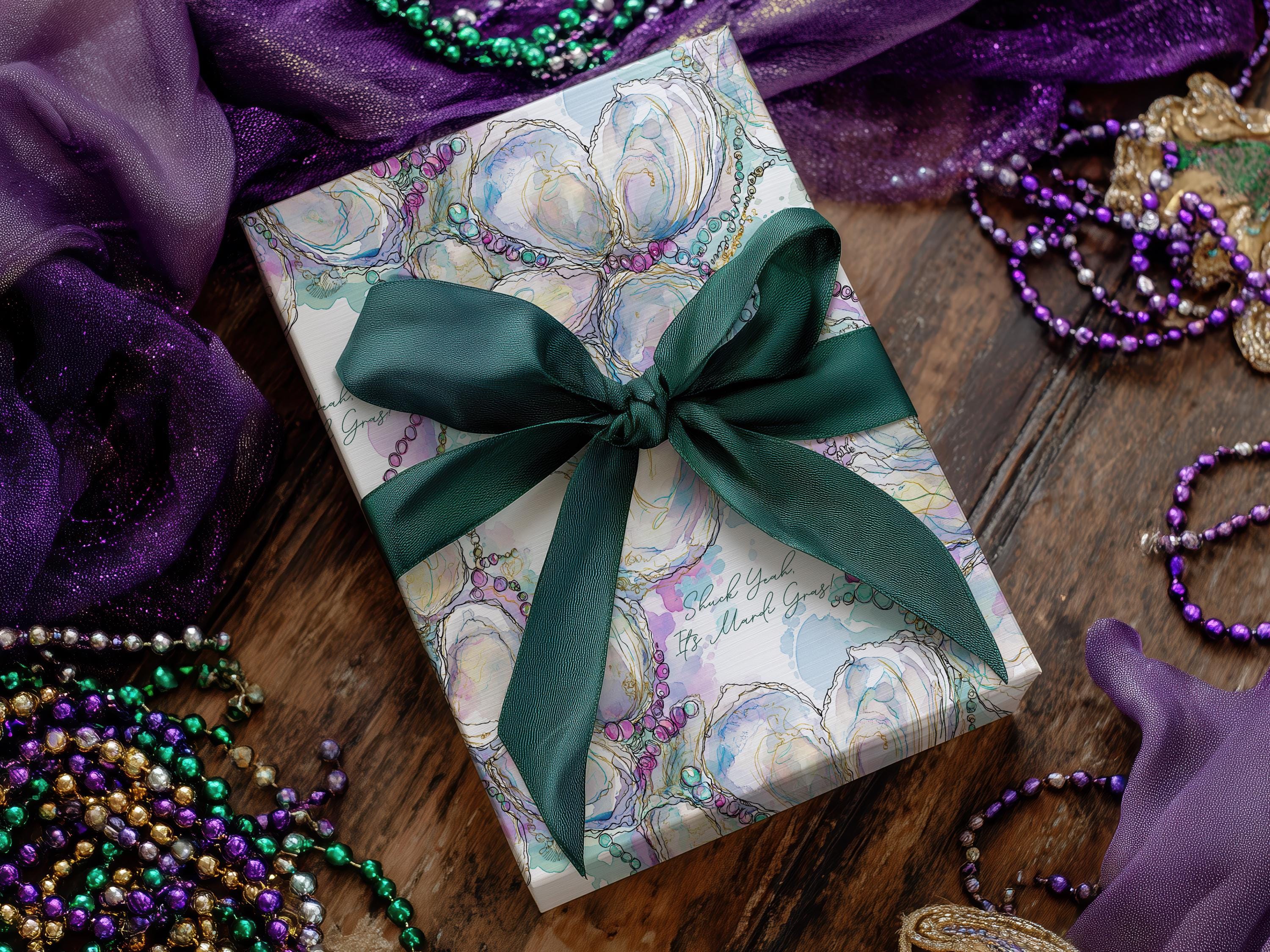 Mardi Gras Oyster Wrapping Paper Personalized New Orleans Beads Gift Wrap Coastal Fat Tuesday Party Supplies Classy Coastal Hostess Present