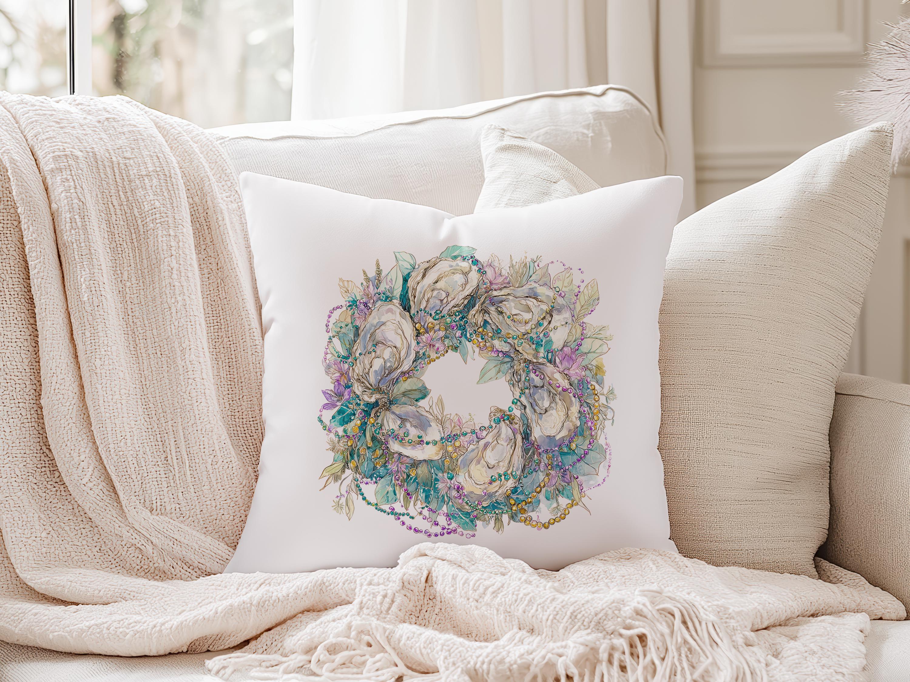 New Orleans Oyster Mardi Gras Wreath Pillow Coastal Carnival Decor Personalized Gift for Her Southern Hostess Seasonal Sofa Accent Cushion - Charles Alex