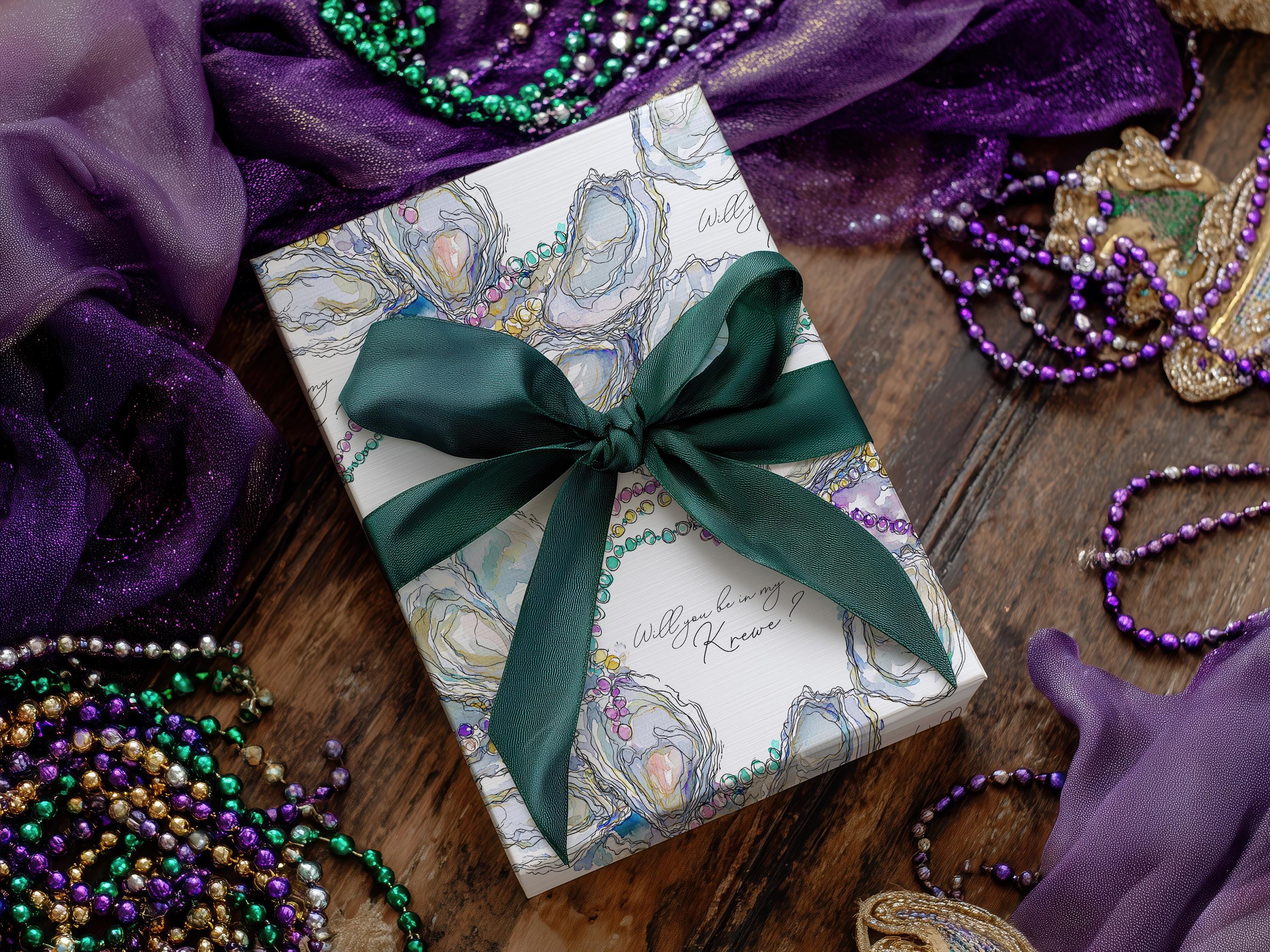 Mardi Gras Oyster Wrapping Paper Personalized New Orleans Beads Gift Wrap Coastal Fat Tuesday Party Supplies Classy Coastal Hostess Present