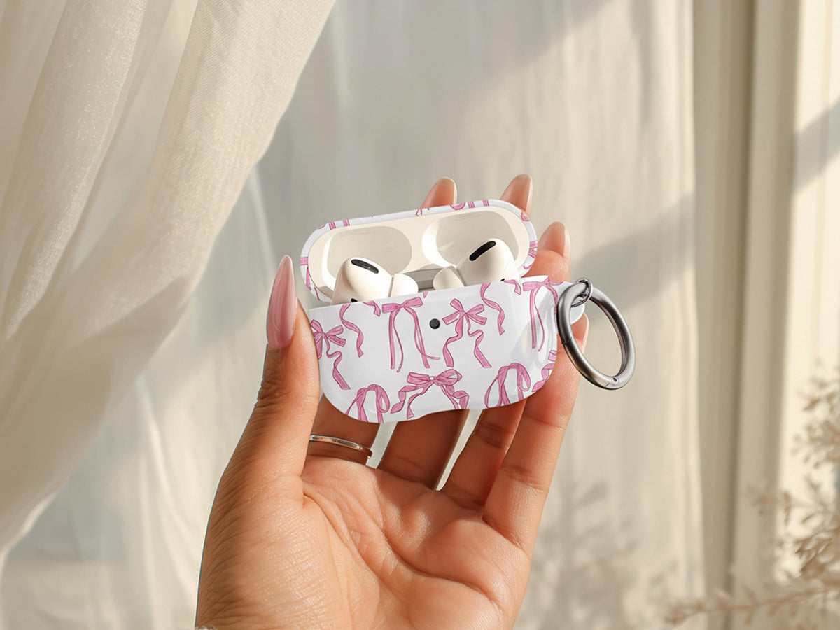 Coquette Bow AirPods Case Cover Pink Ribbon Print Cute Glossy Protective Earbud Feminine Tech Accessory Gift for Her Stylish Custom Present