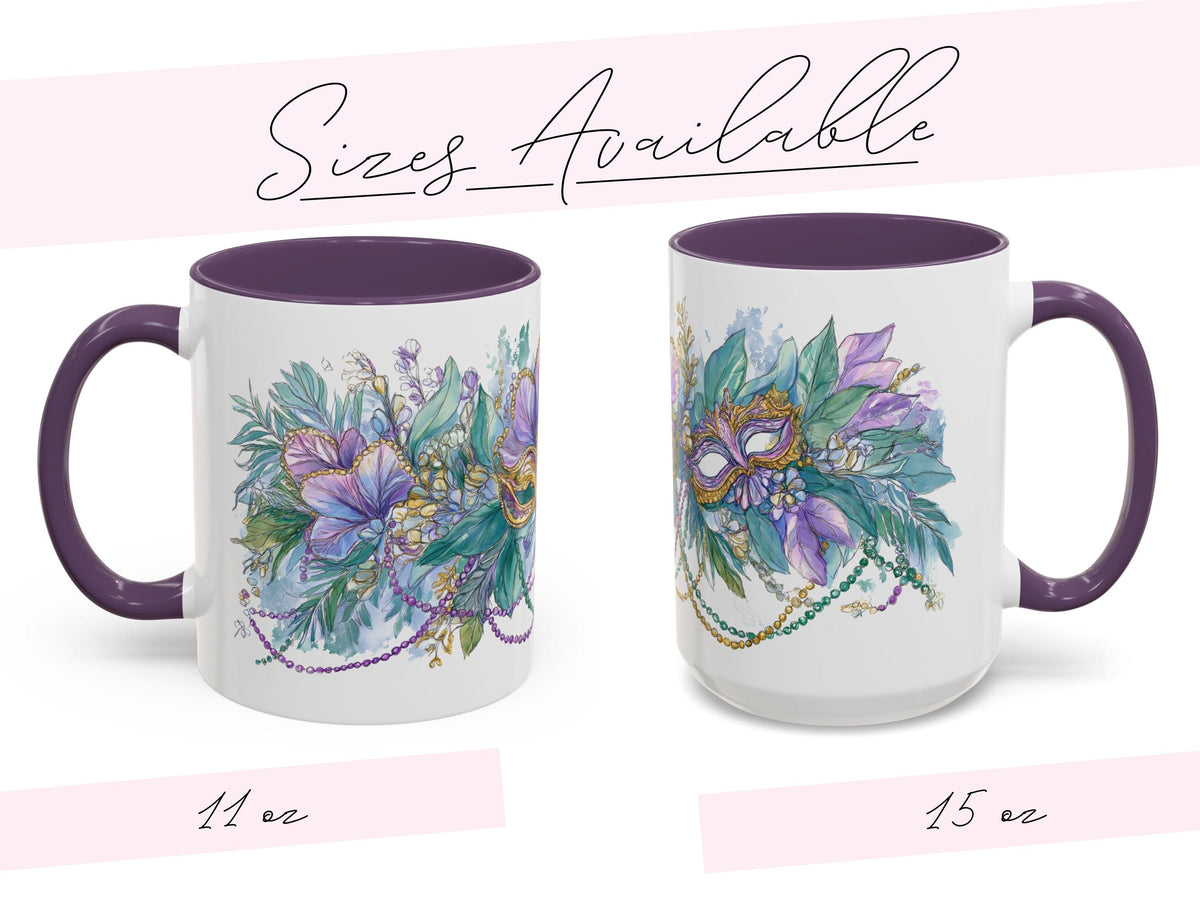 Mardi Gras Coffee Mug Mask Beads Watercolor Floral Green Carnival NOLA Lover New Orleans Gift Ceramic Purple Accent Handle Hostess Present - Charles Alex