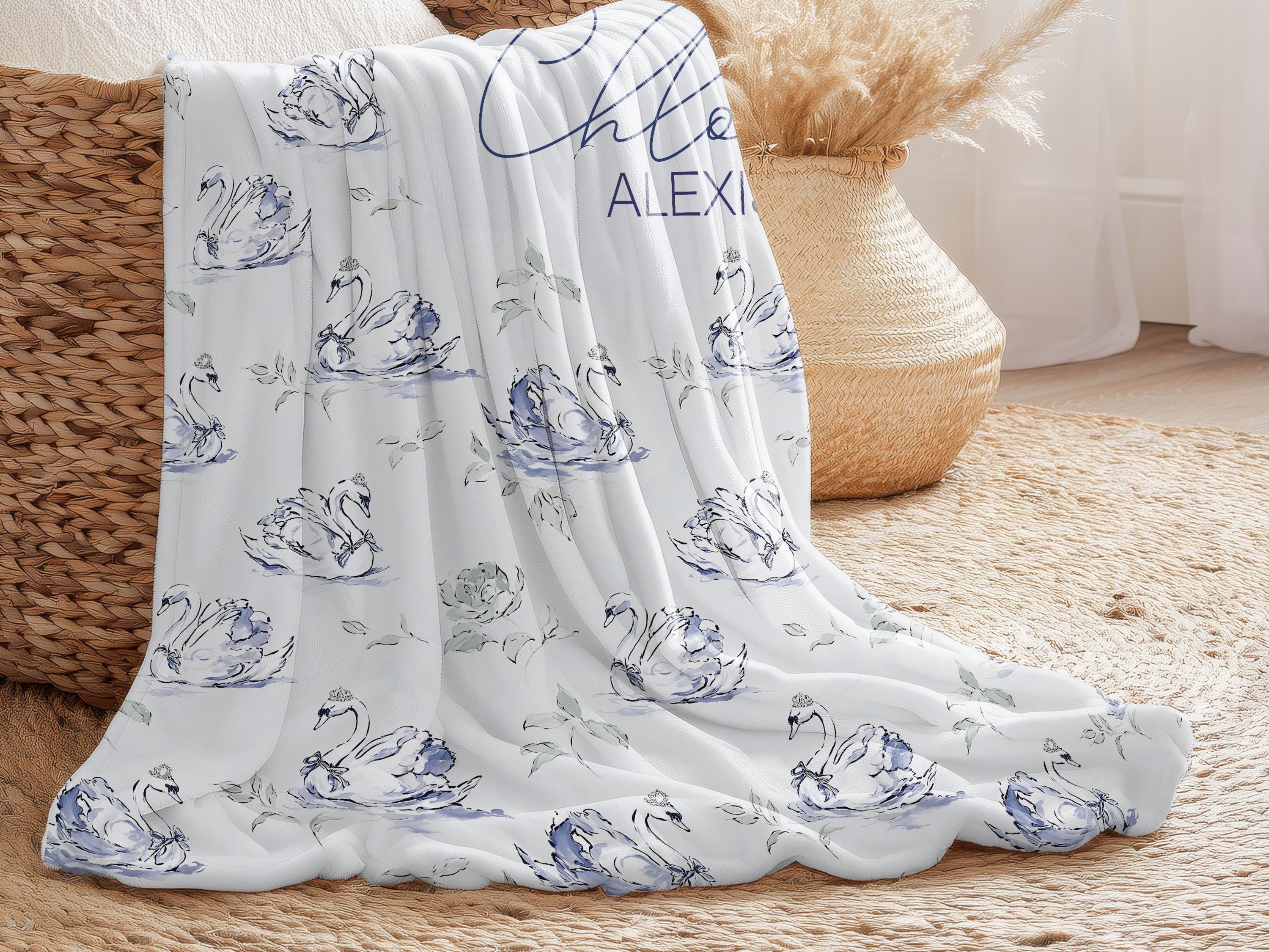 Swan Baby Blanket Personalized Elegant Girl Swaddle Newborn Name Keepsake Nursery Accent Timeless Hospital Welcome Gift