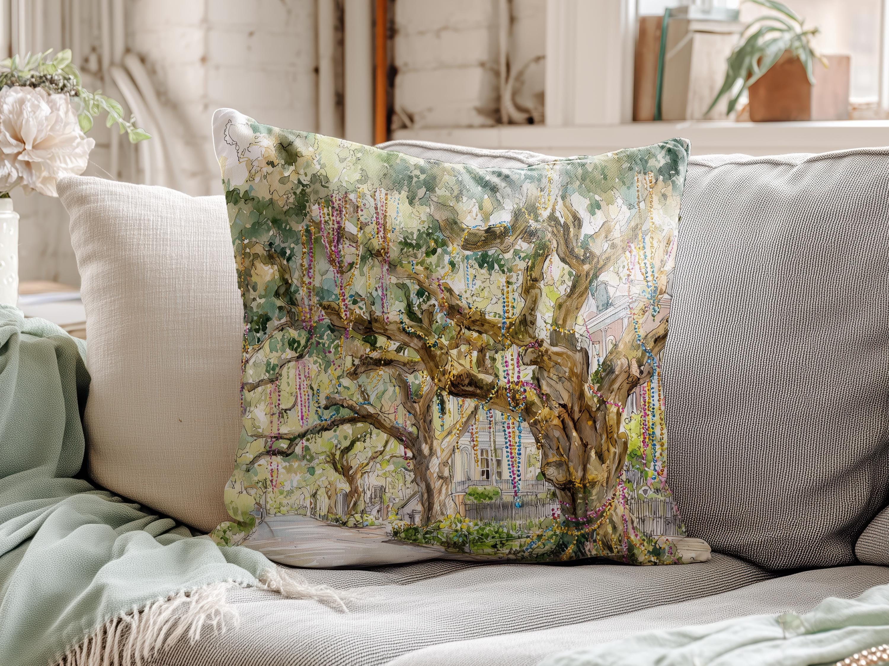 Bead Tree Mardi Gras Pillow Cover Hostess Gift Carnival Season Guest Room Decor Festive Print Throw Cushion Southern Home Interior Design - Charles Alex