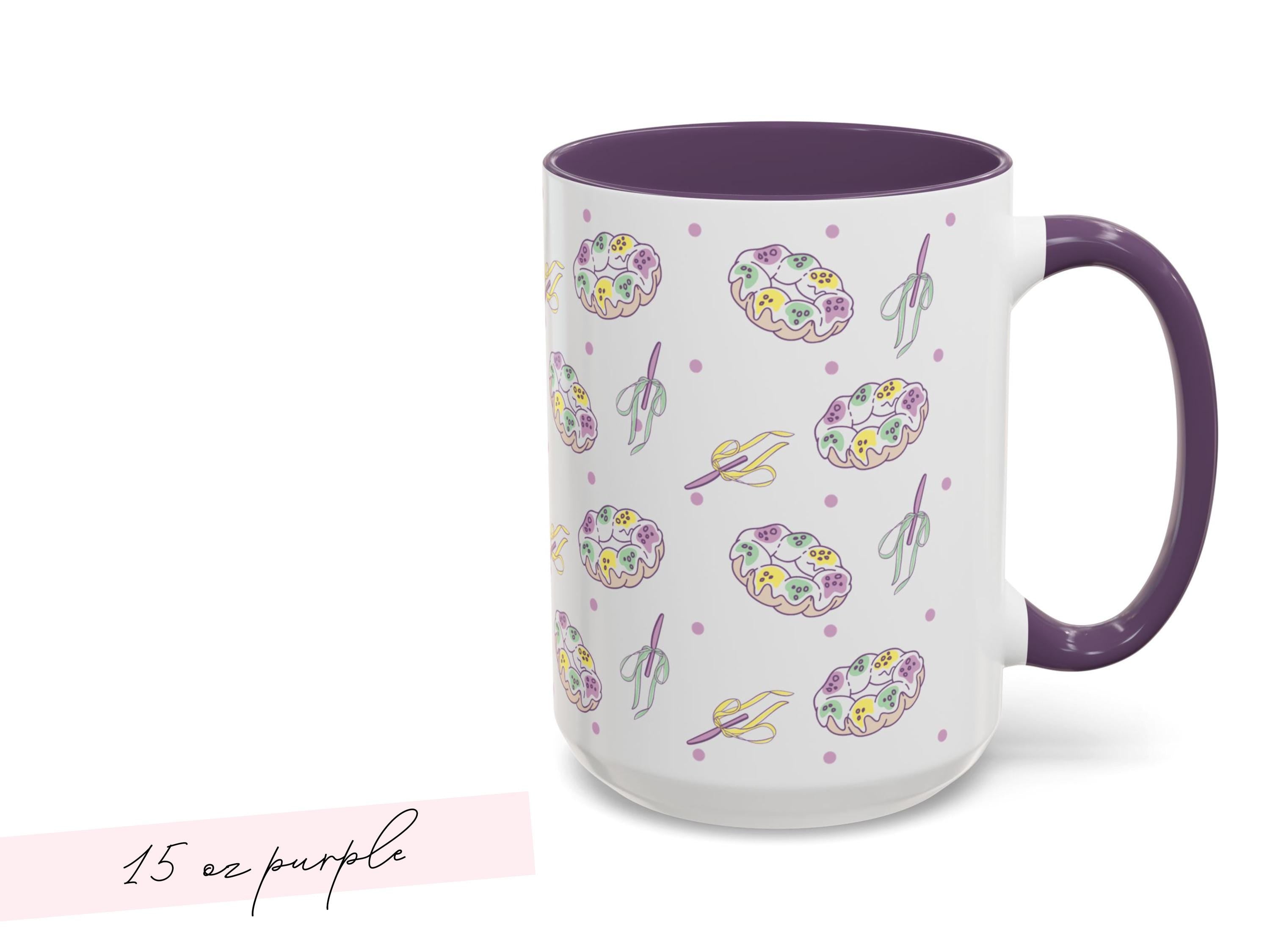 Personalized Mardi Gras King Cake Bow Knife Ceramic Coffee Mug 15 oz Purple Green Gold NOLA Festive Holiday Gift White Custom Name Present - Charles Alex