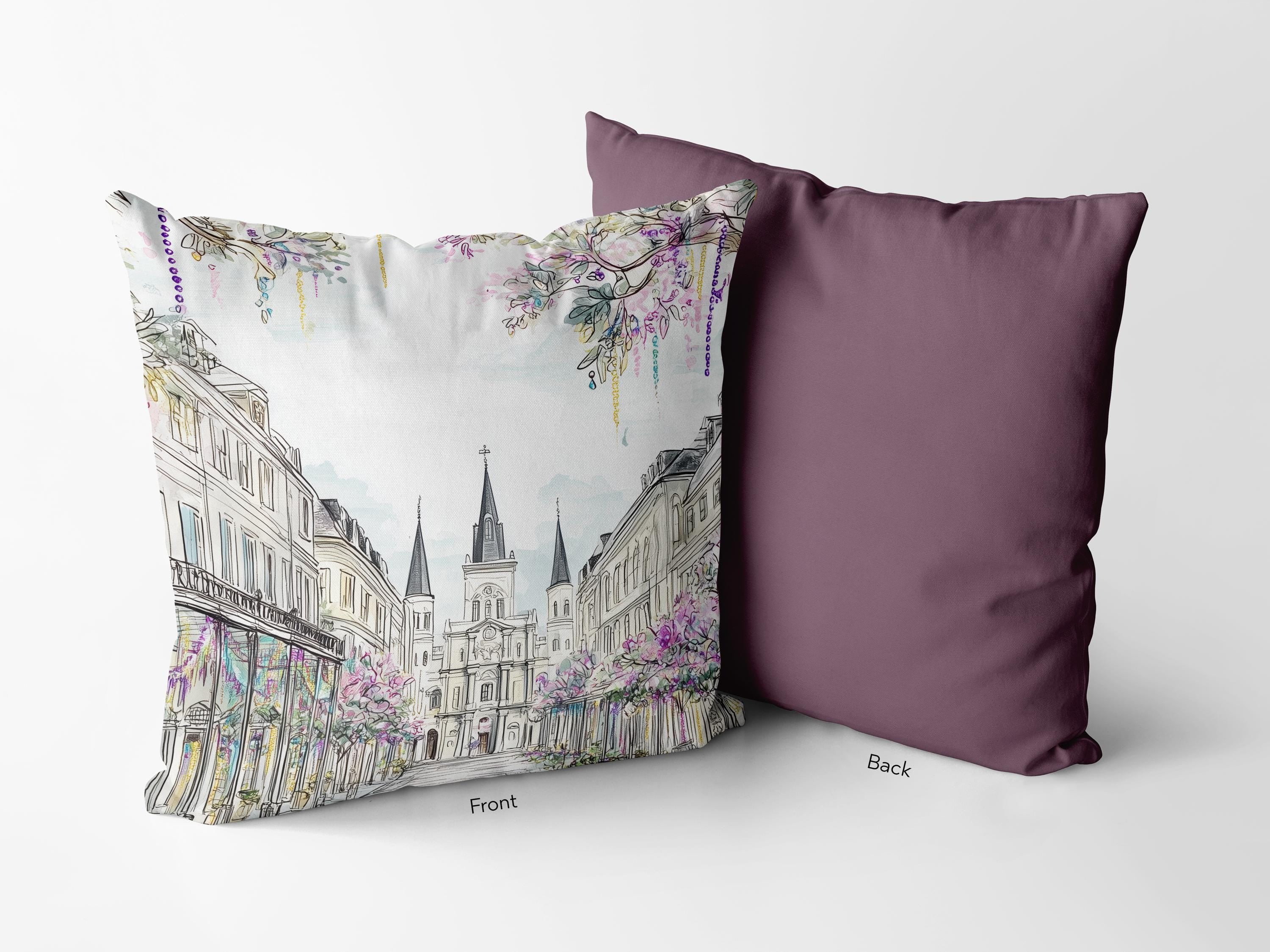 New Orleans Mardi Gras Pillow Beads Jackson Square St Louis Cathedral Illustration Floral French Quarter Decor Spring Sofa Accent Cushion - Charles Alex
