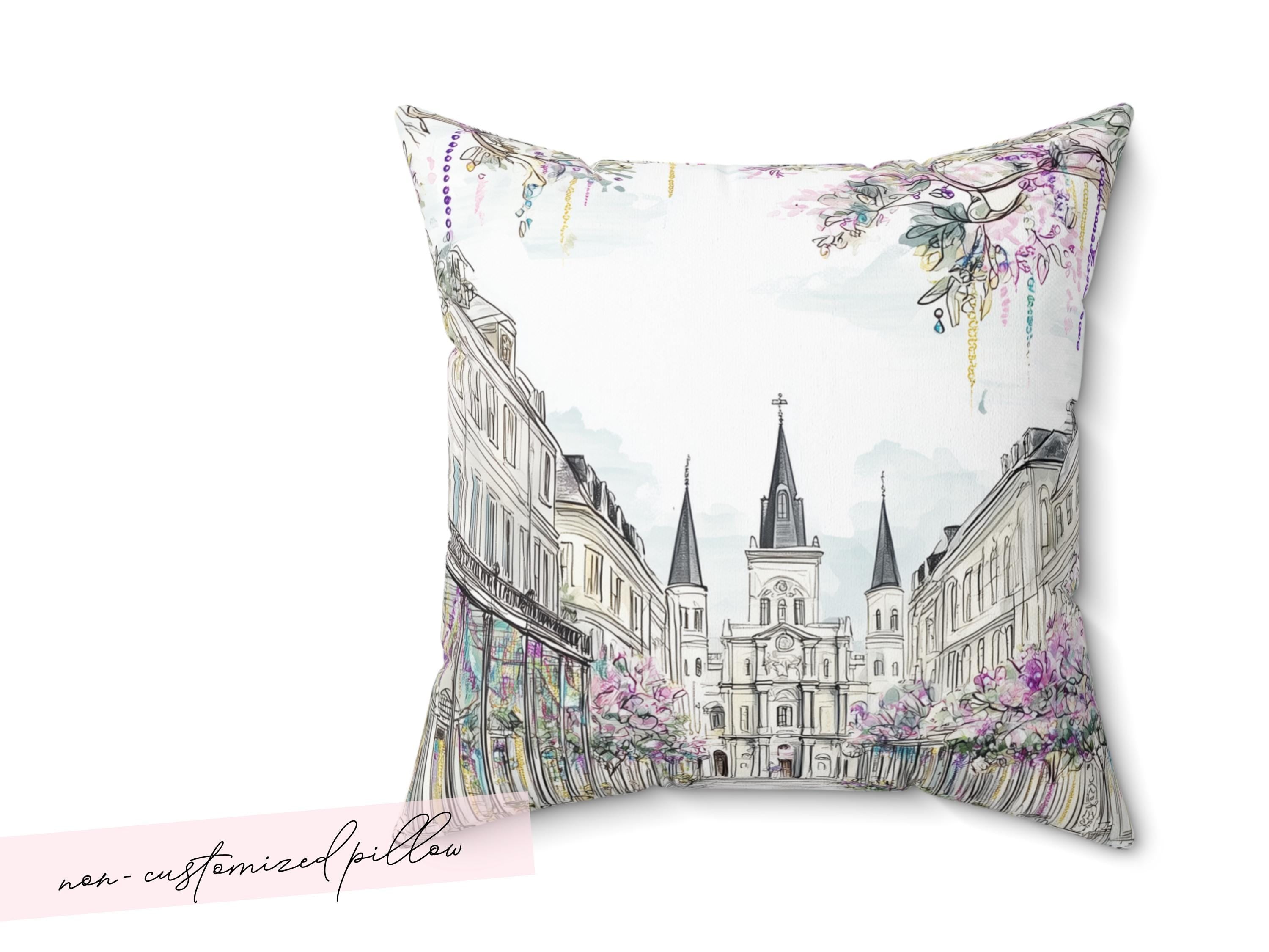 New Orleans Mardi Gras Pillow Beads Jackson Square St Louis Cathedral Illustration Floral French Quarter Decor Spring Sofa Accent Cushion - Charles Alex