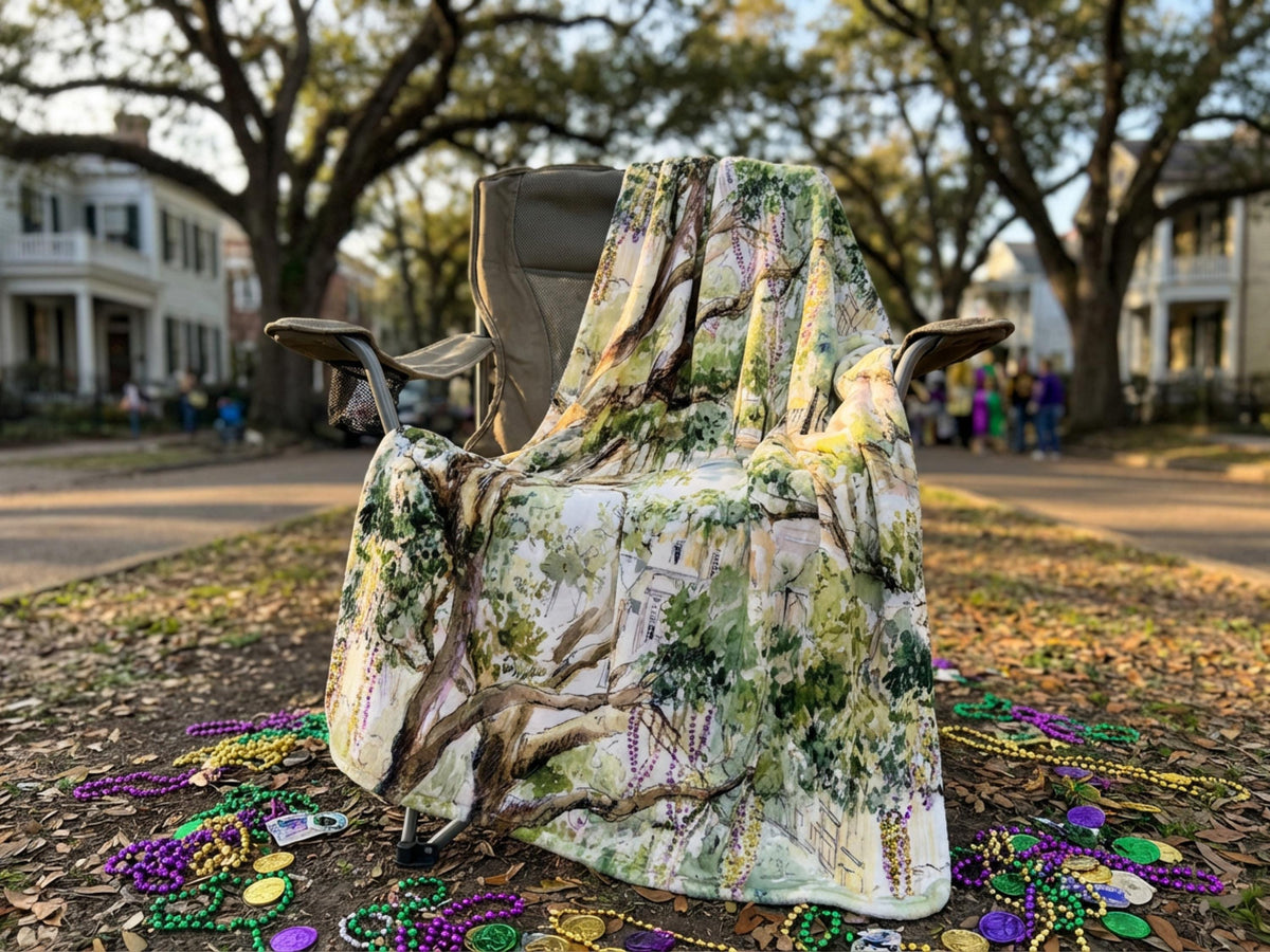 Bead Tree Mardi Gras Warm Parade Route Blanket Sherpa St Charles Avenue Oak Trees Watercolor Landscape New Orleans Carnival Decor Throw - Charles Alex