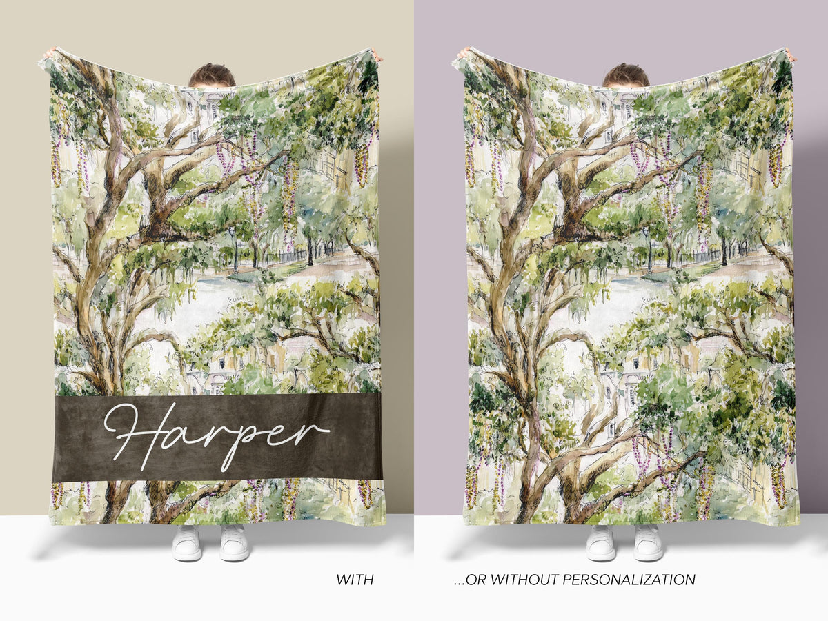 Bead Tree Mardi Gras Warm Parade Route Blanket Sherpa St Charles Avenue Oak Trees Watercolor Landscape New Orleans Carnival Decor Throw - Charles Alex