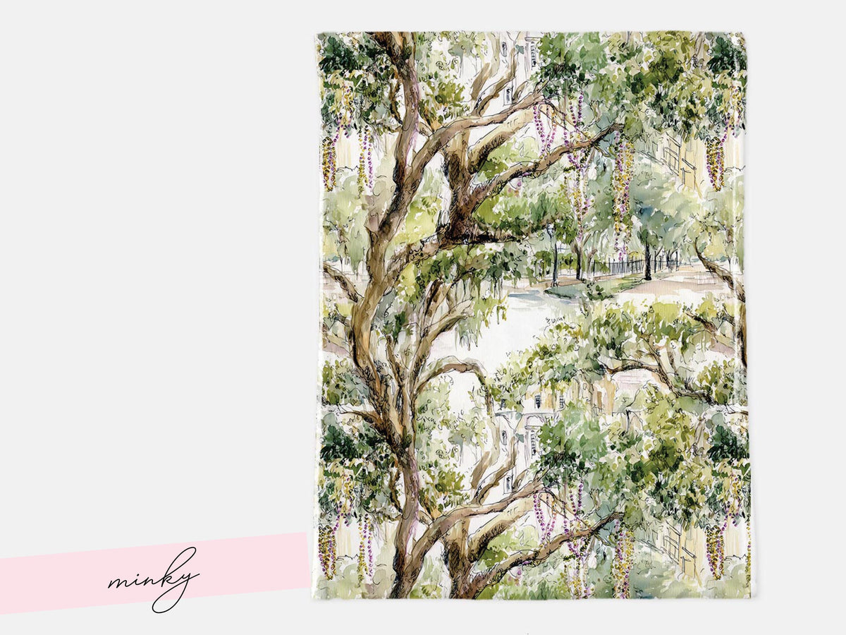 Bead Tree Mardi Gras Warm Parade Route Blanket Sherpa St Charles Avenue Oak Trees Watercolor Landscape New Orleans Carnival Decor Throw - Charles Alex