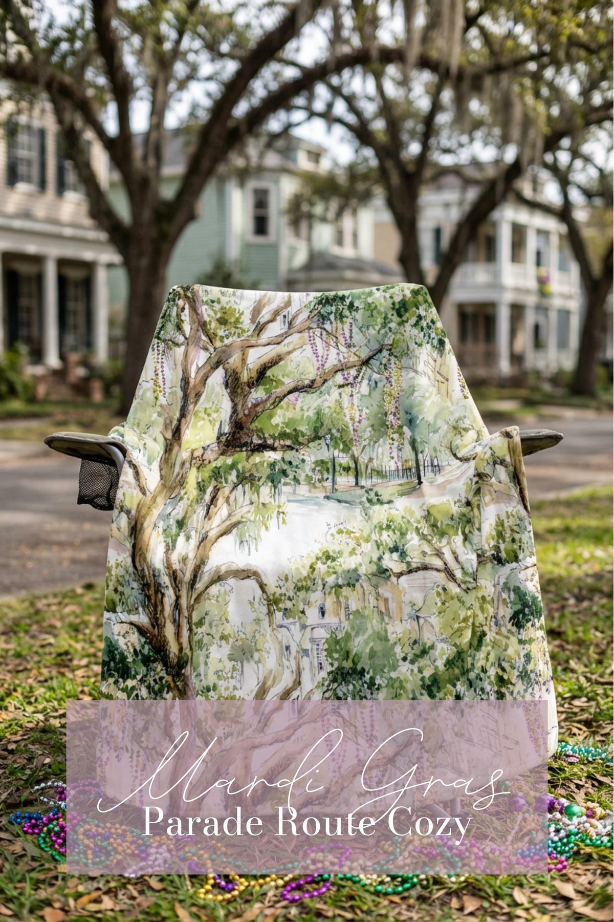 Bead Tree Mardi Gras Warm Parade Route Blanket Sherpa St Charles Avenue Oak Trees Watercolor Landscape New Orleans Carnival Decor Throw - Charles Alex