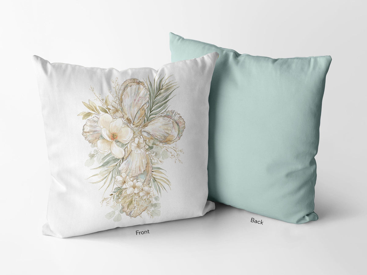 Oyster Cross Easter Throw Pillow Case Watercolor Magnolia Coastal Christian Decor Farmhouse Sofa Cushion Cover Housewarming Gift Baptism - Charles Alex